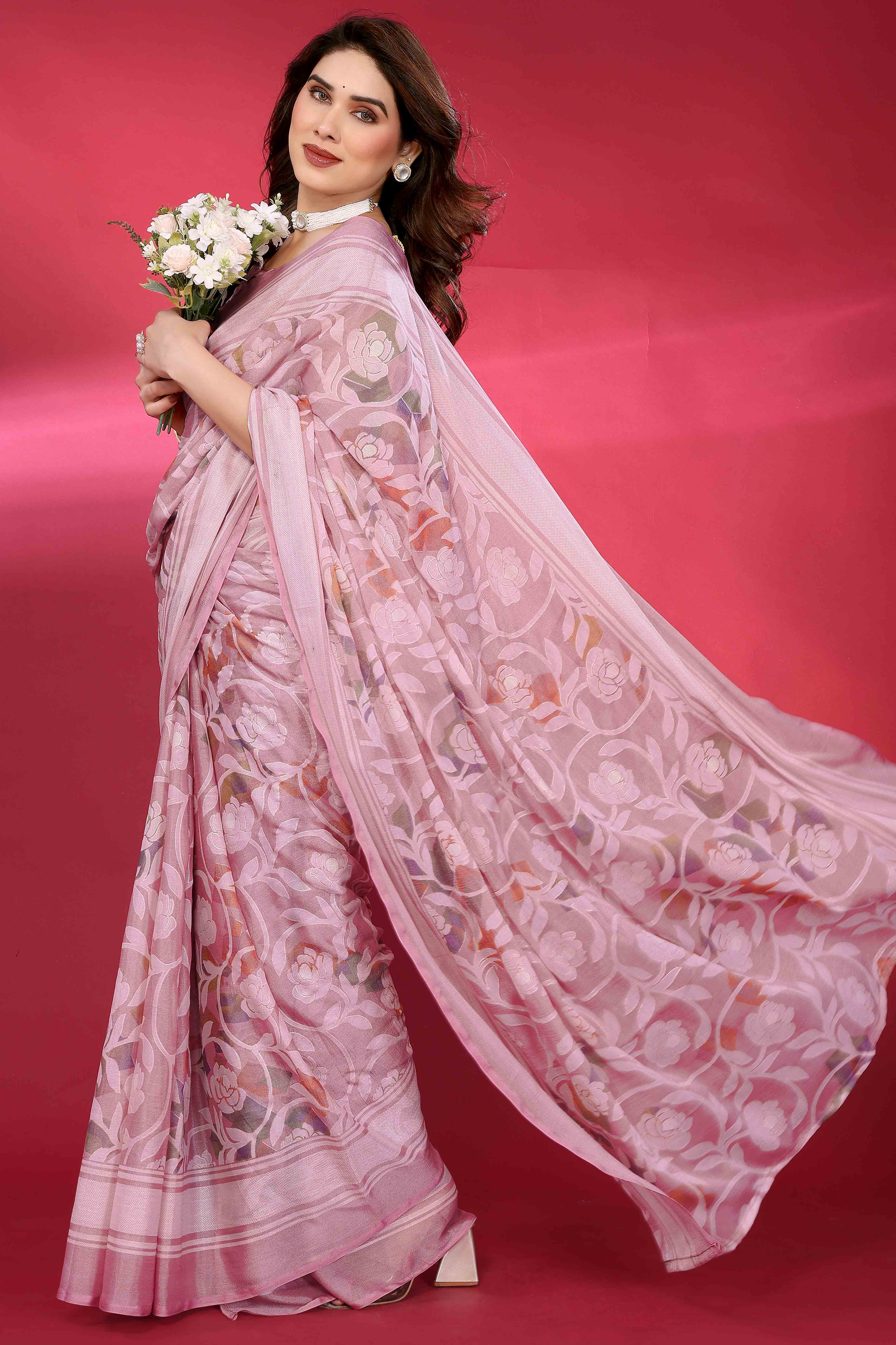 Charming Pink Brasso Chiffon Saree with Elegant Floral Foil Print