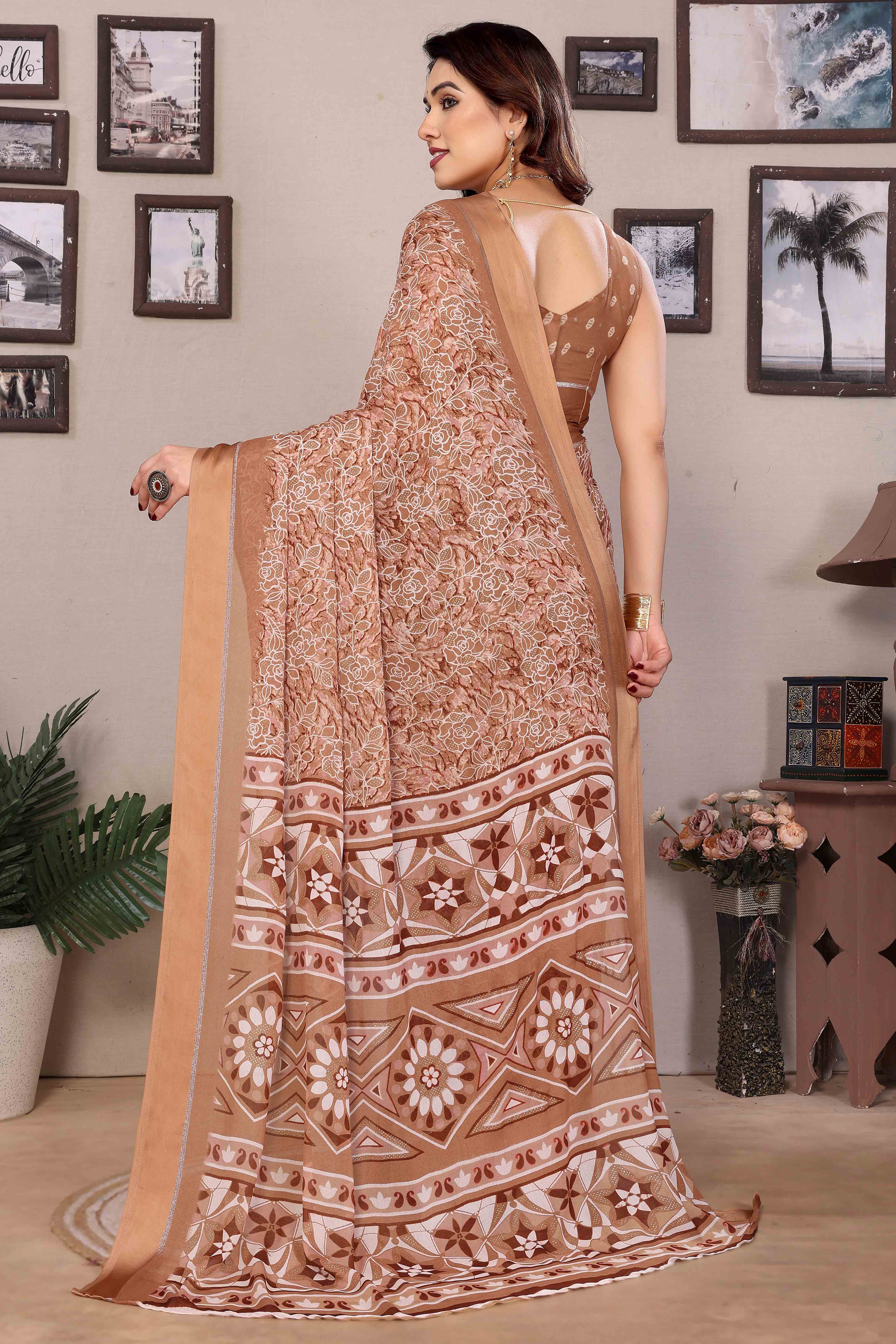 Dusty Peach Floral Print & Zari Work Moss Satin Saree With Satin Patta