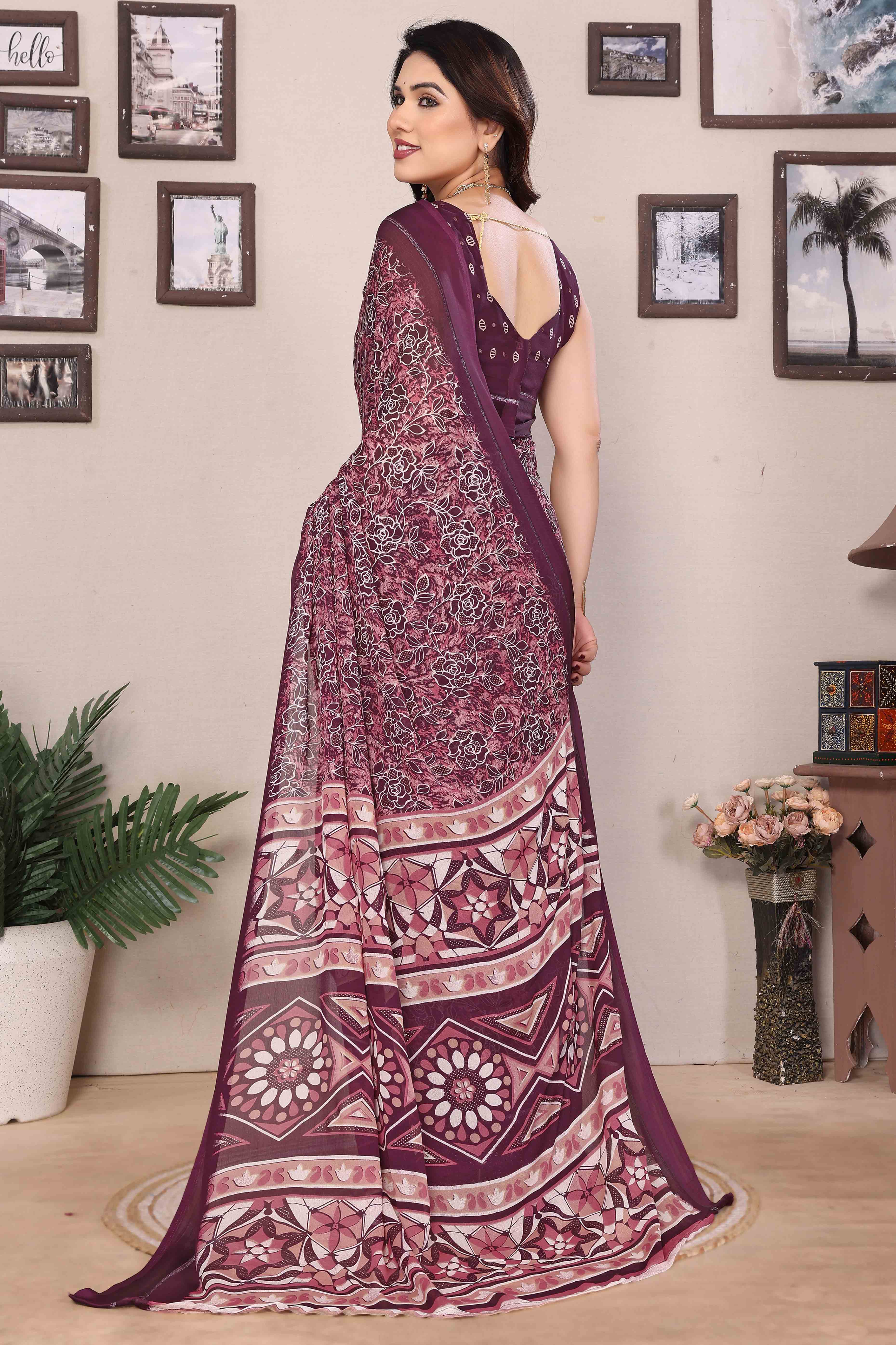 Wine Floral Print & Zari Work Moss Satin Saree With Satin Patta