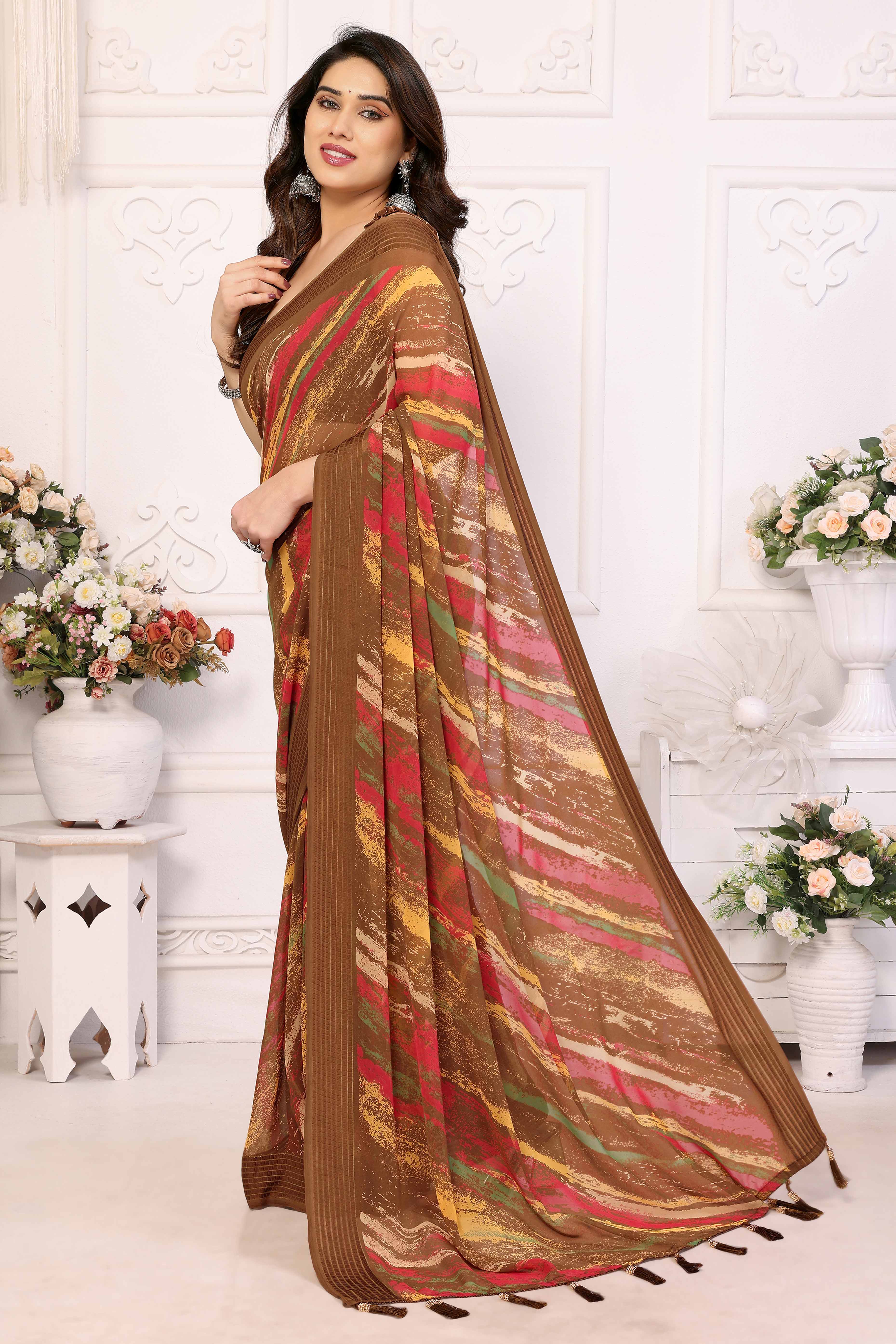 Brown Printed Georgette Saree Saree With Tassels