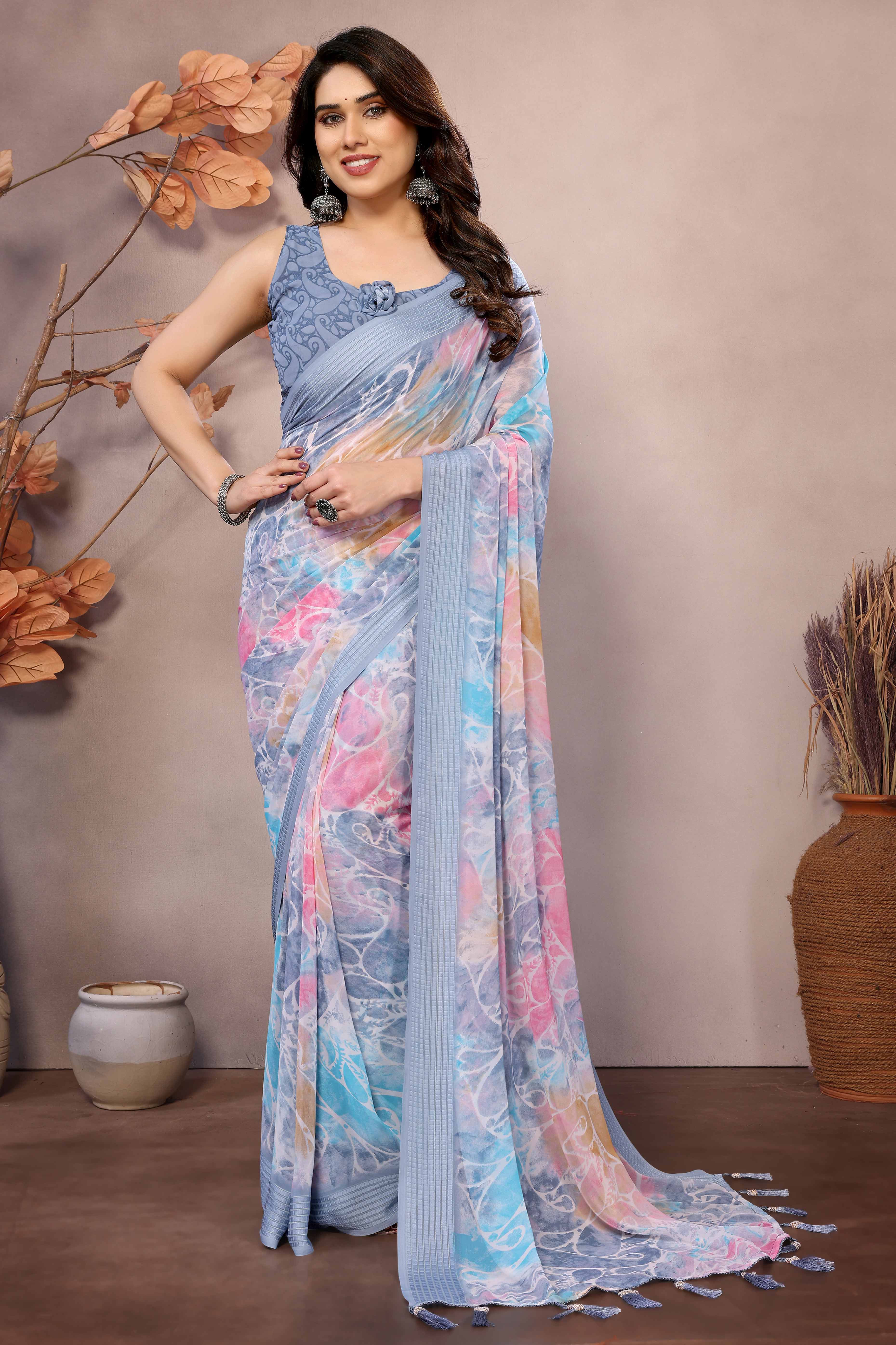 Grey Printed Georgette Saree Saree With Tassels