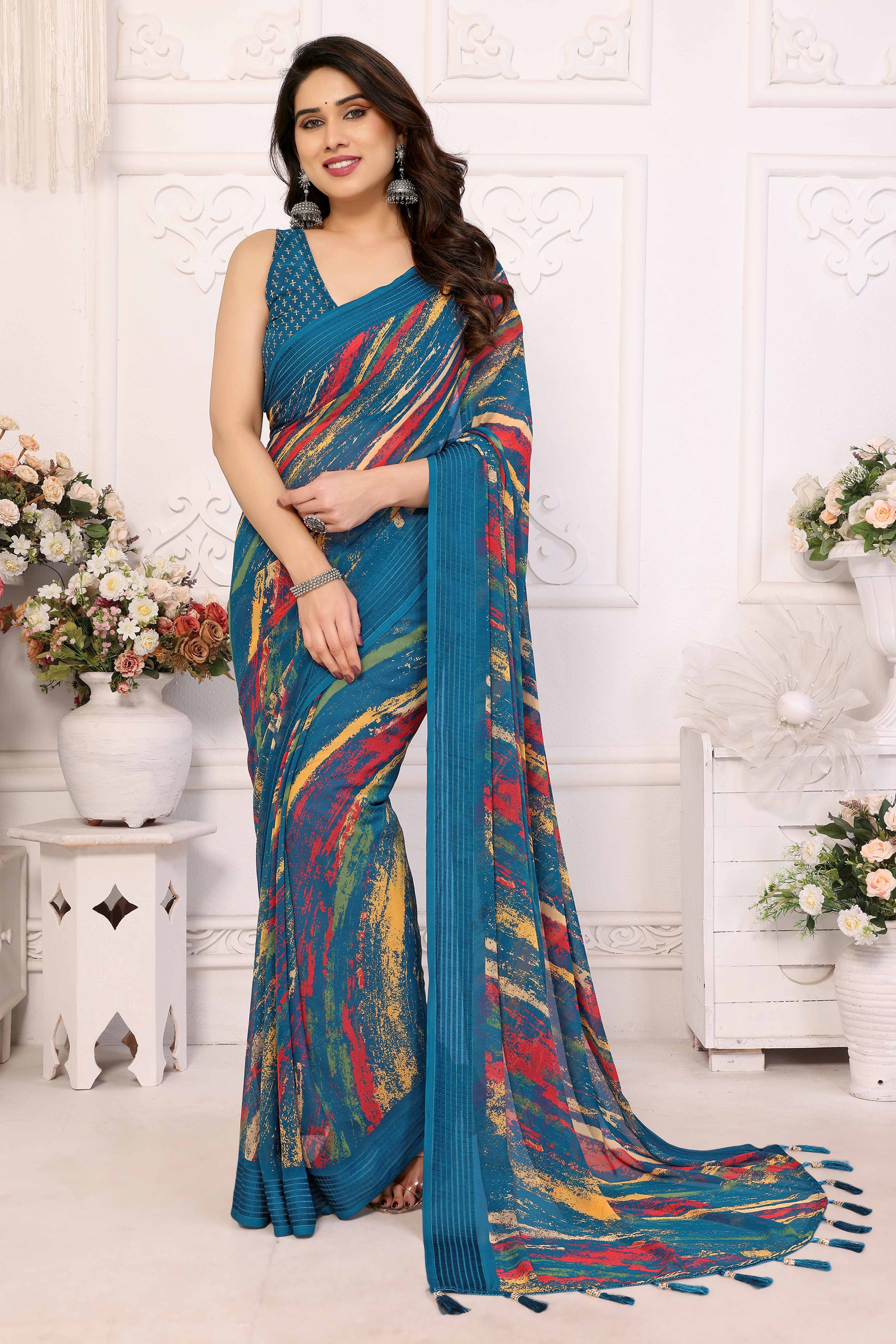 Morpich Printed Georgette Saree Saree With Tassels