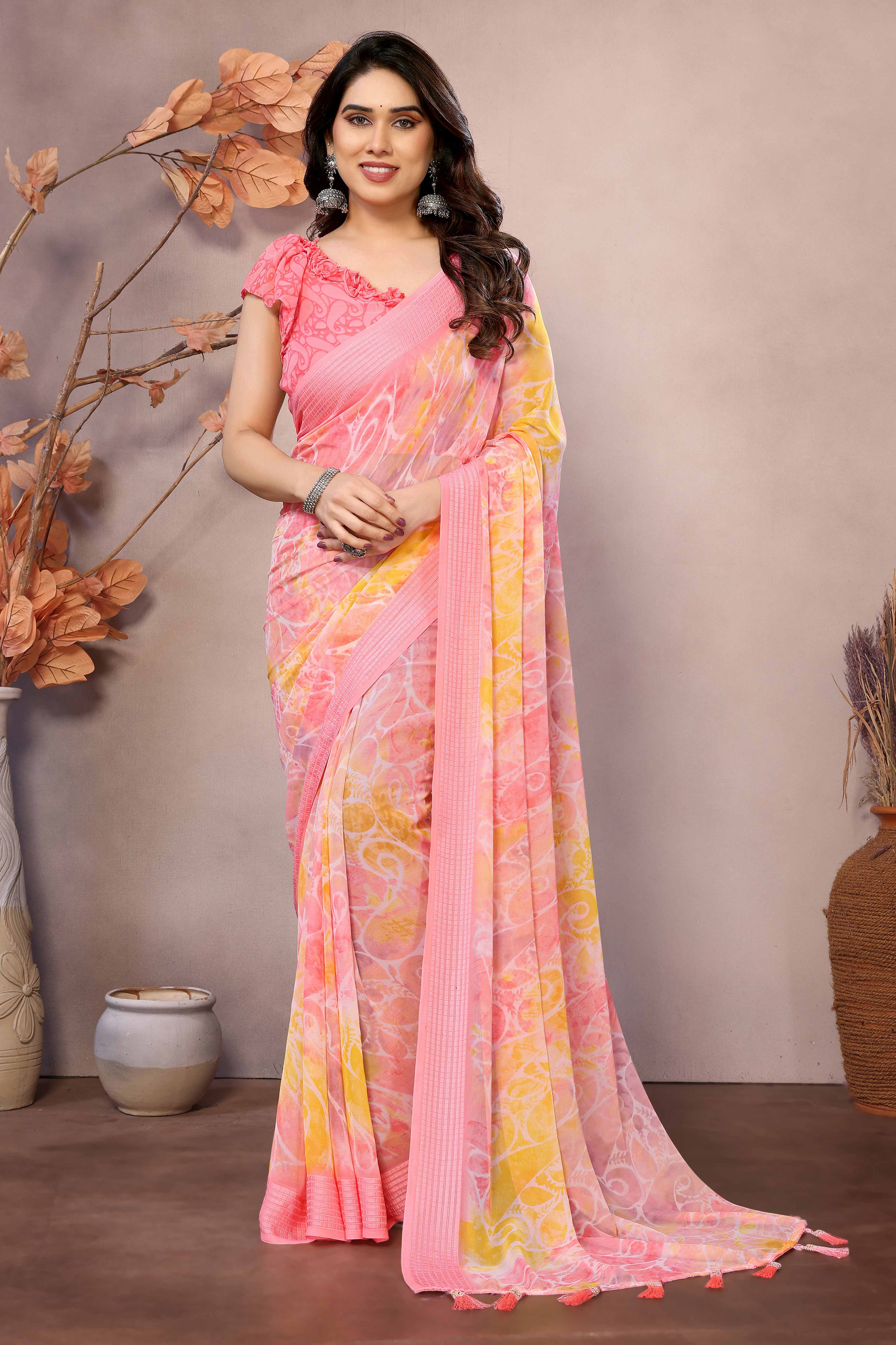 Peach Printed Georgette Saree Saree With Tassels