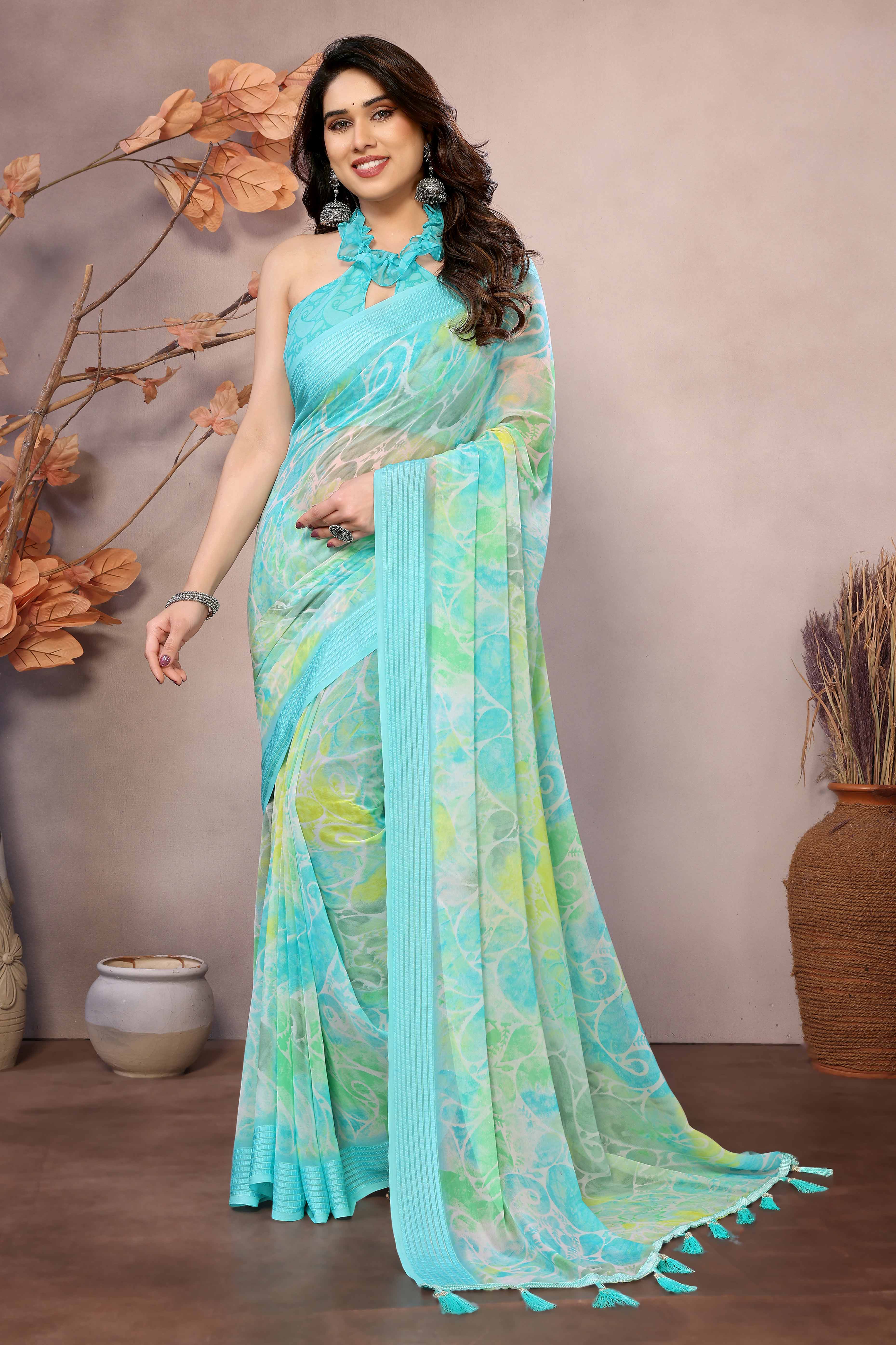 Turquoise Printed Georgette Saree Saree With Tassels