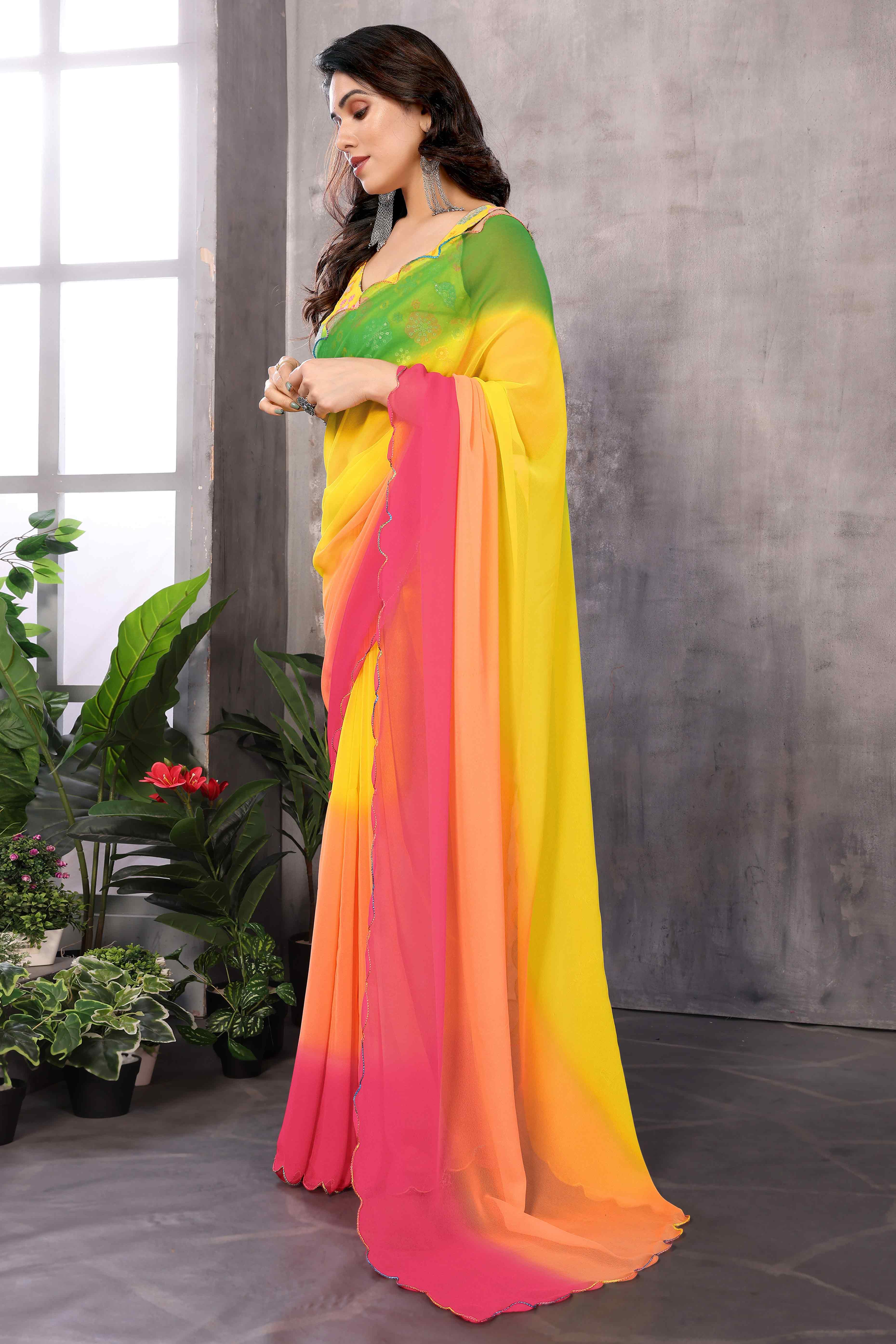Multicolor Solid Georgette Ombre Saree