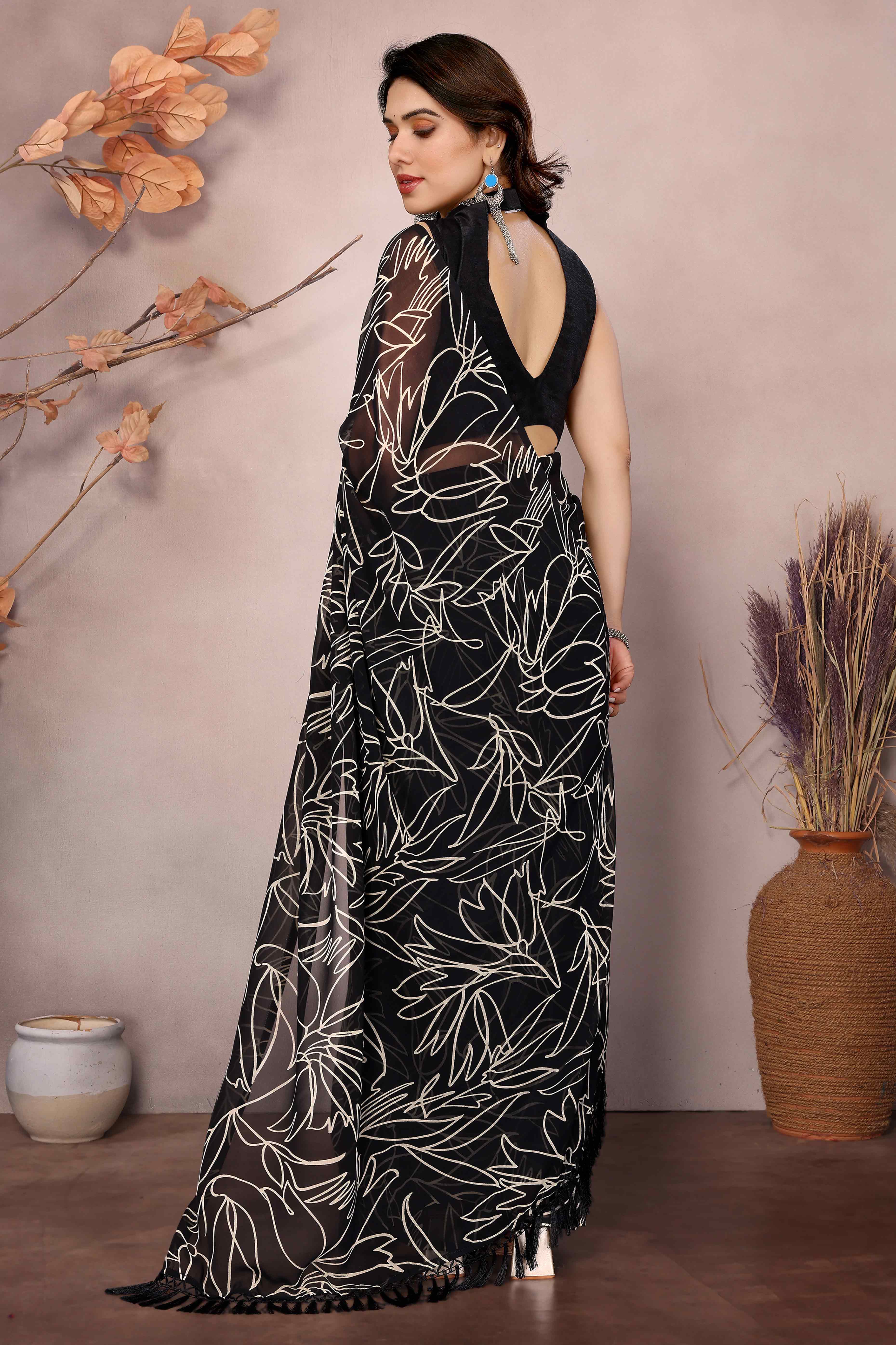 Black Floral Printed Georgette Ready Made Saree With Tassels