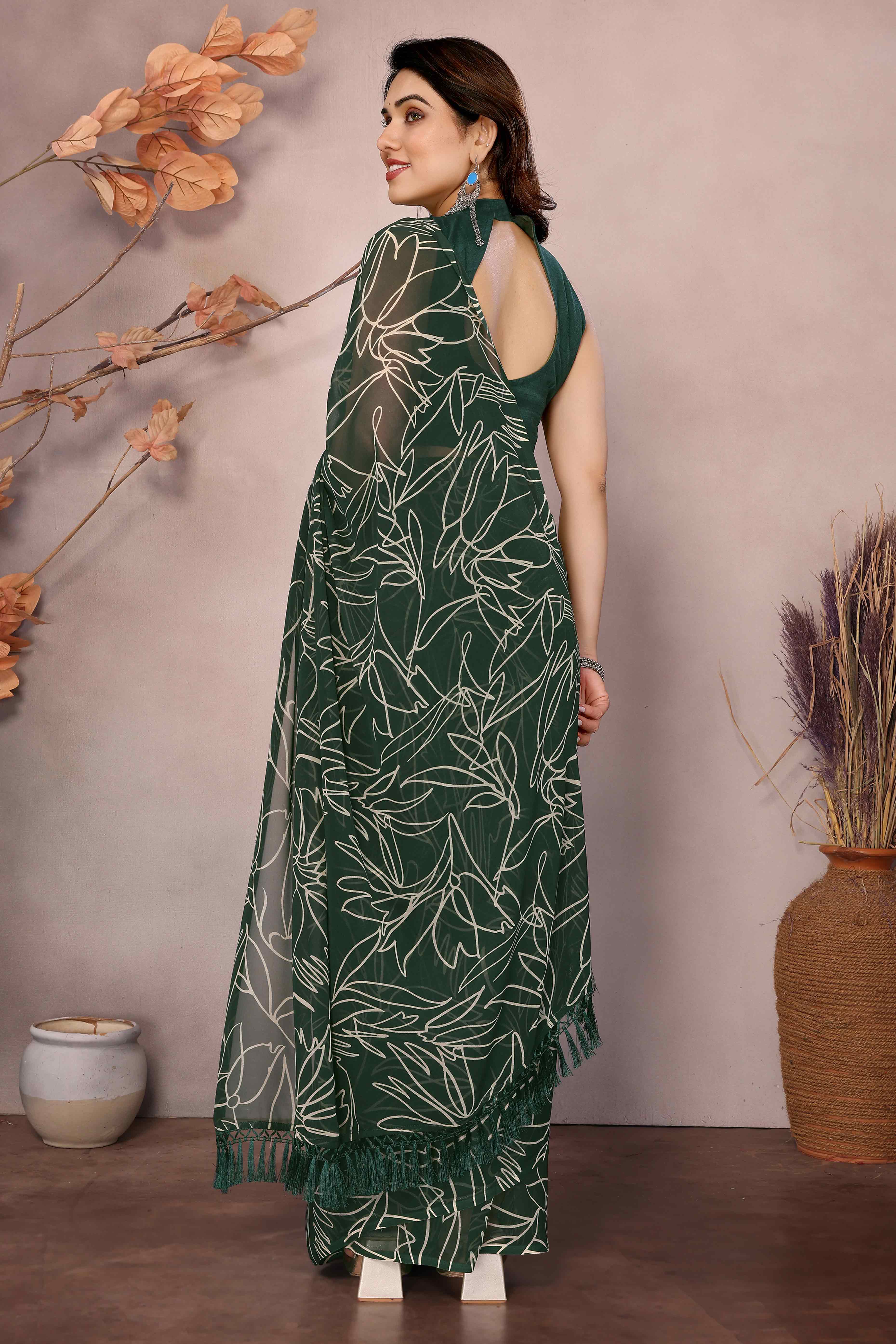 Green Floral Printed Georgette Ready Made Saree With Tassels