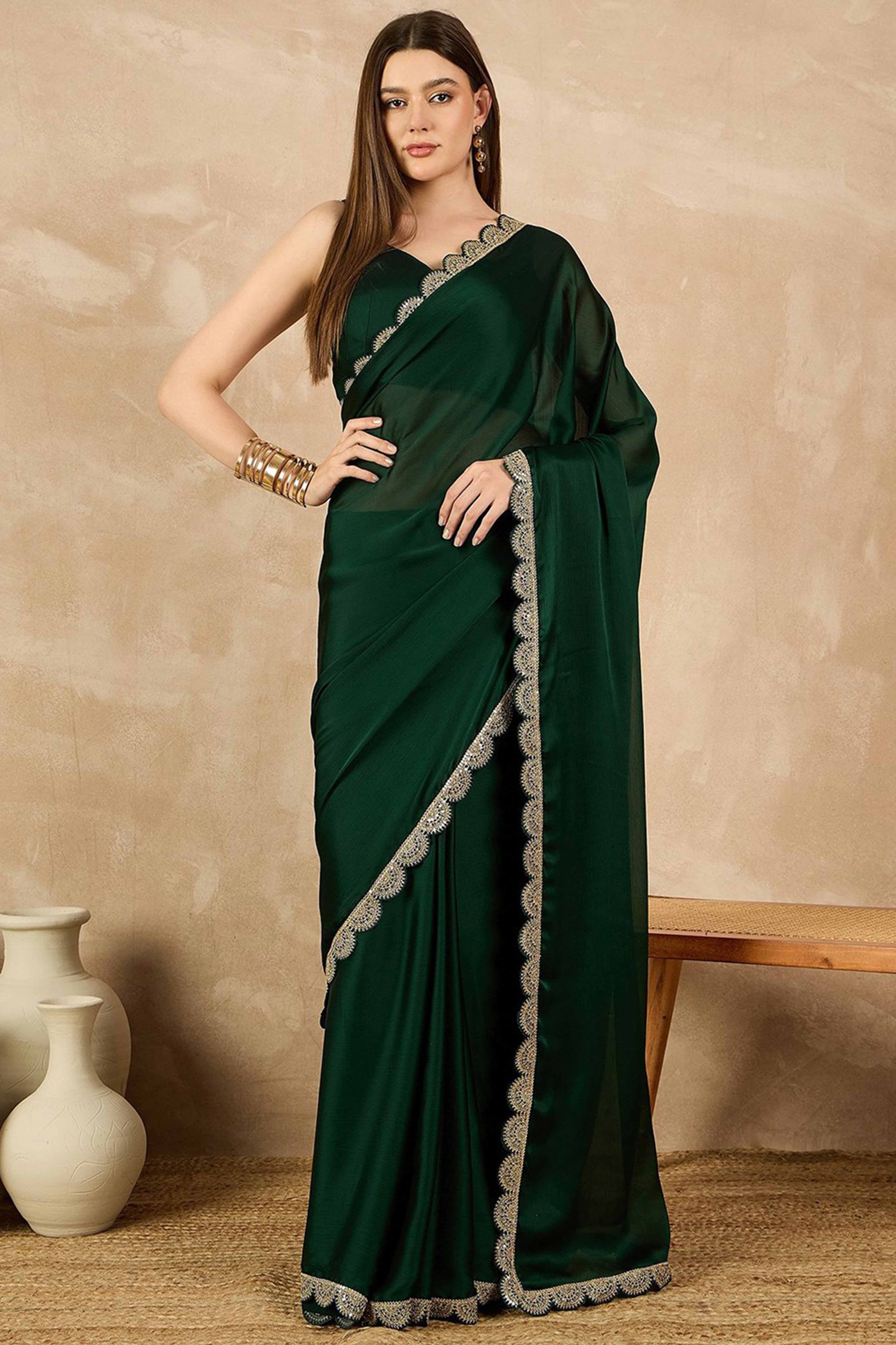 Green Solid Chiffon Saree With Sequins Embroidered Border