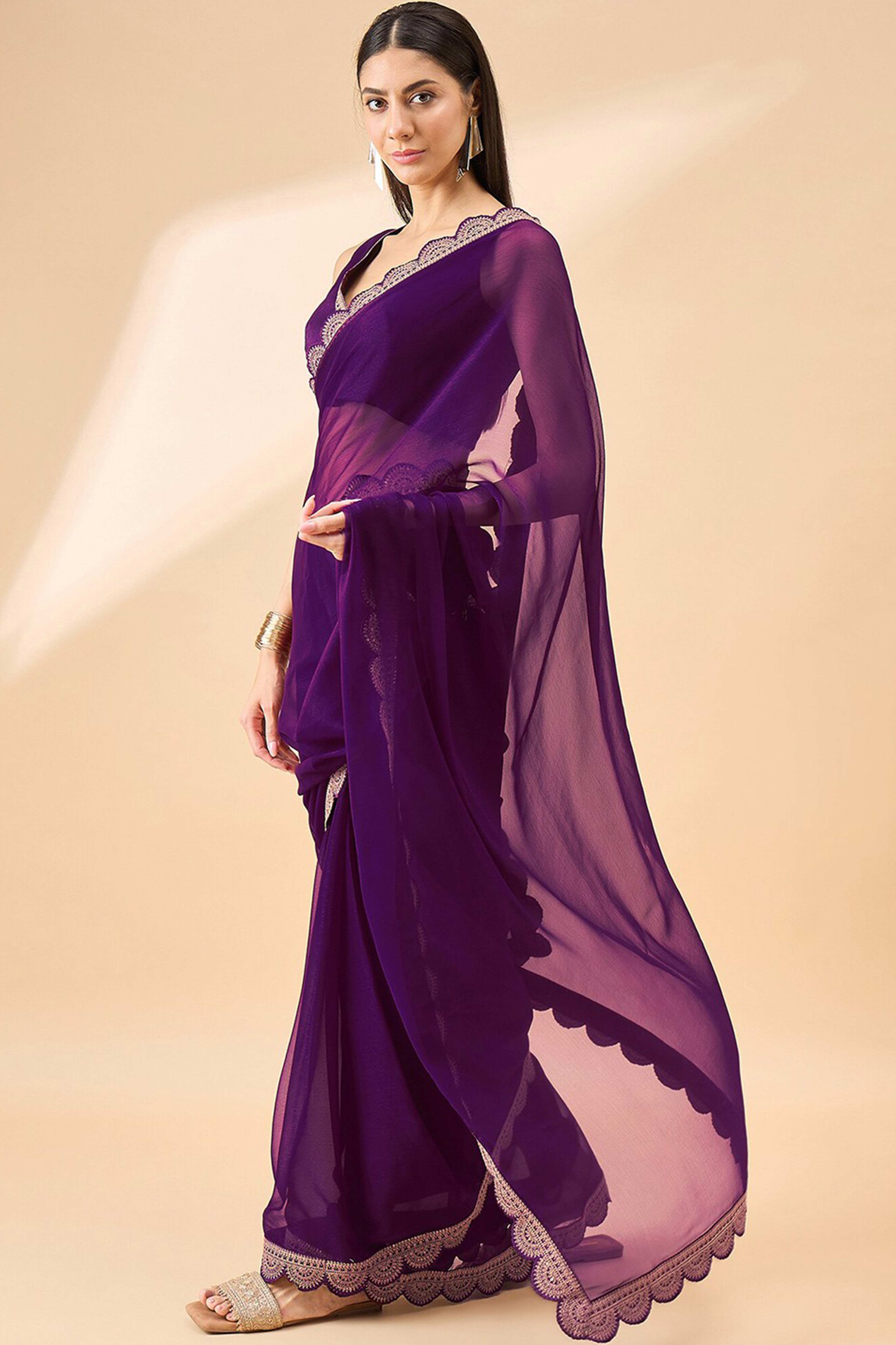 Purple Solid Chiffon Saree With Sequins Embroidered Border