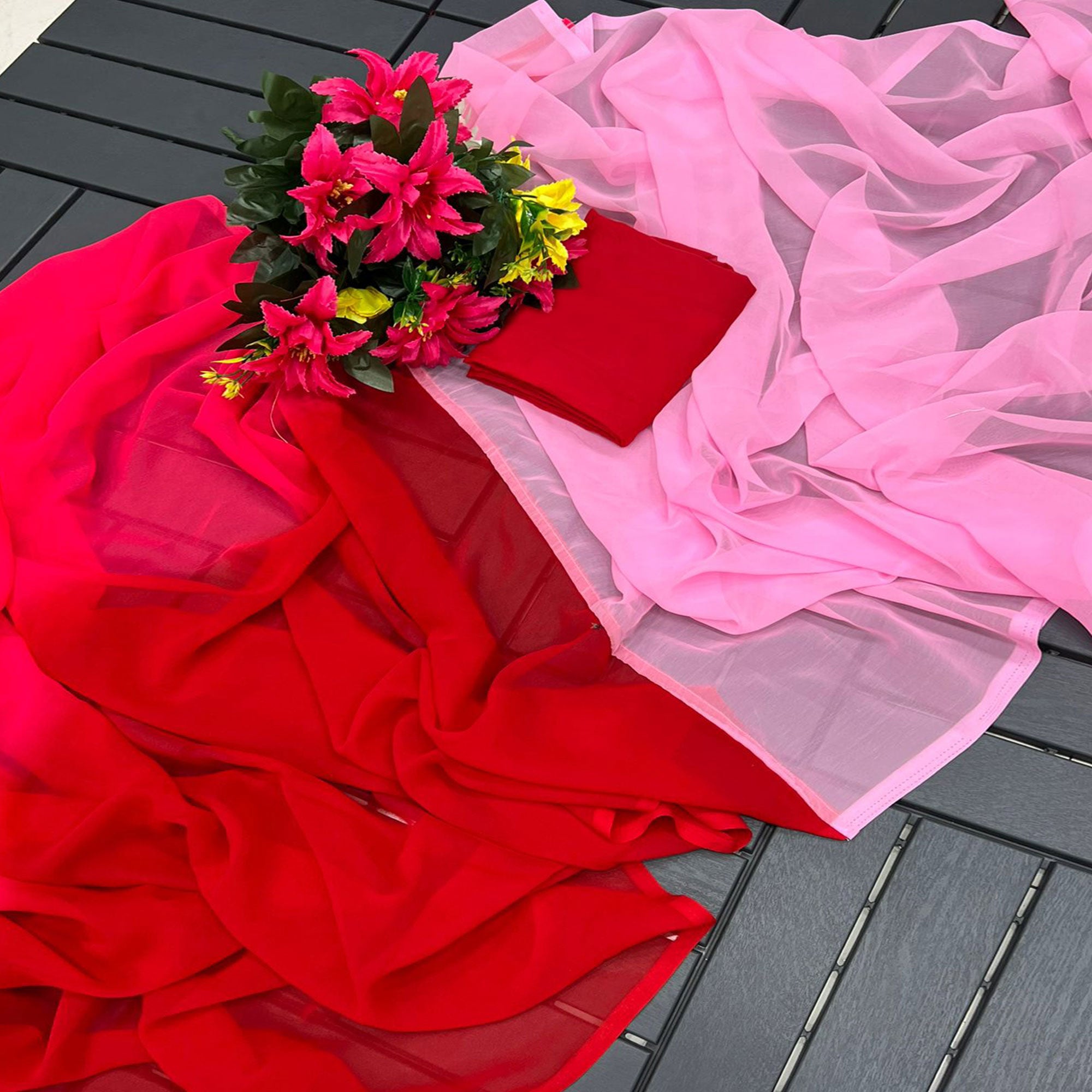 Pink & Red Solid Georgette Half & Half Saree