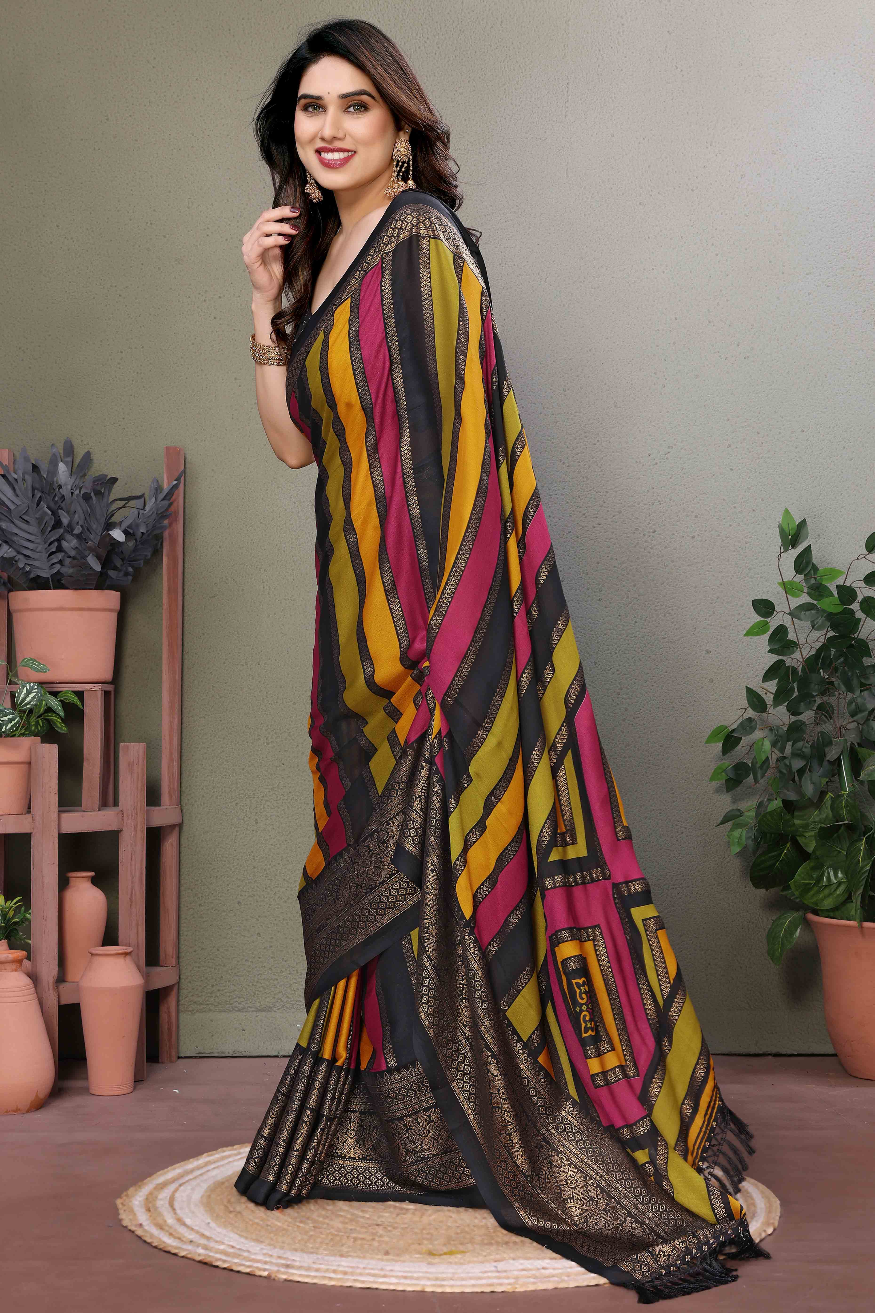 Black Striped Foil Printed Moss Satin Saree Saree With Tassels