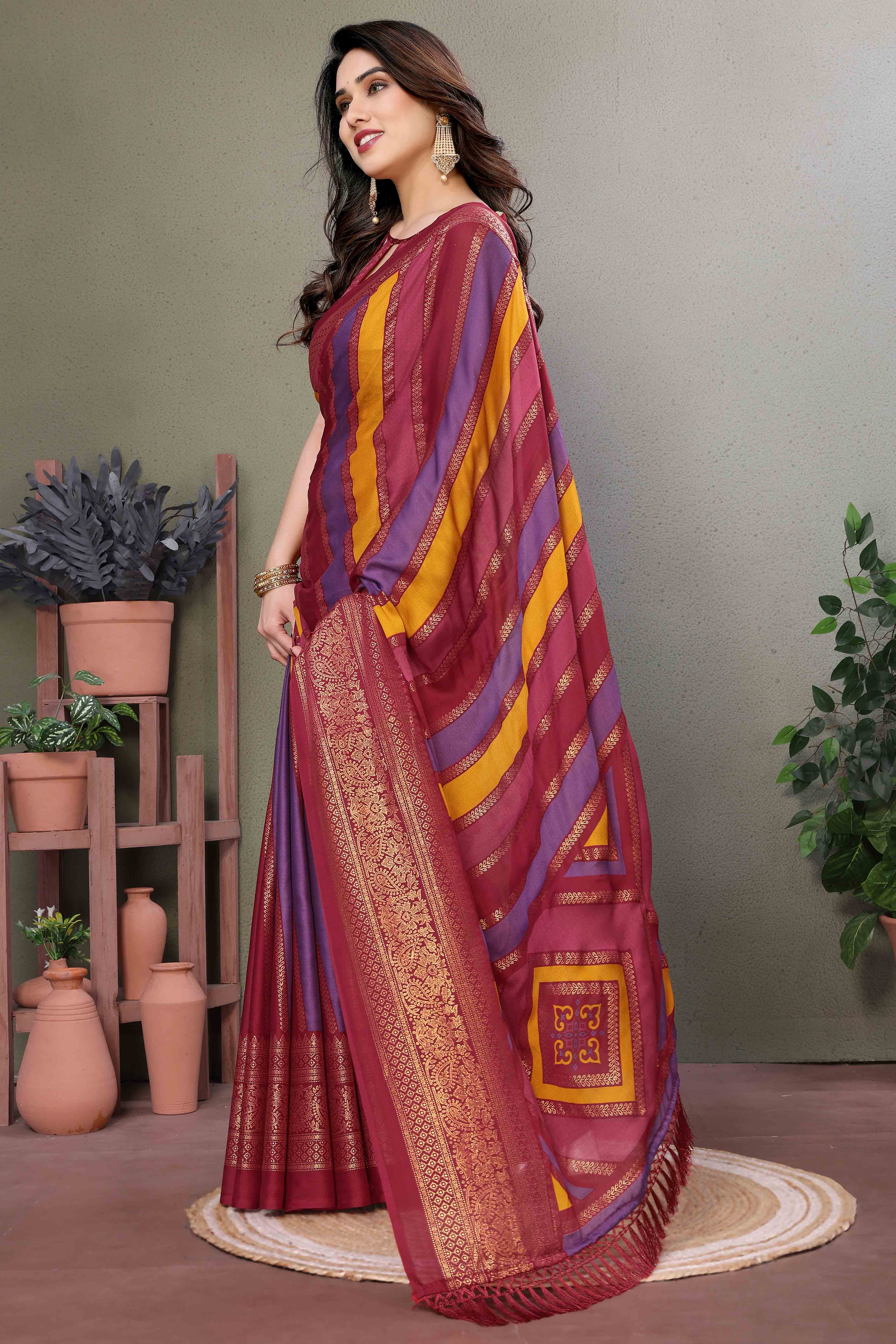 Maroon Striped Foil Printed Moss Satin Saree Saree With Tassels