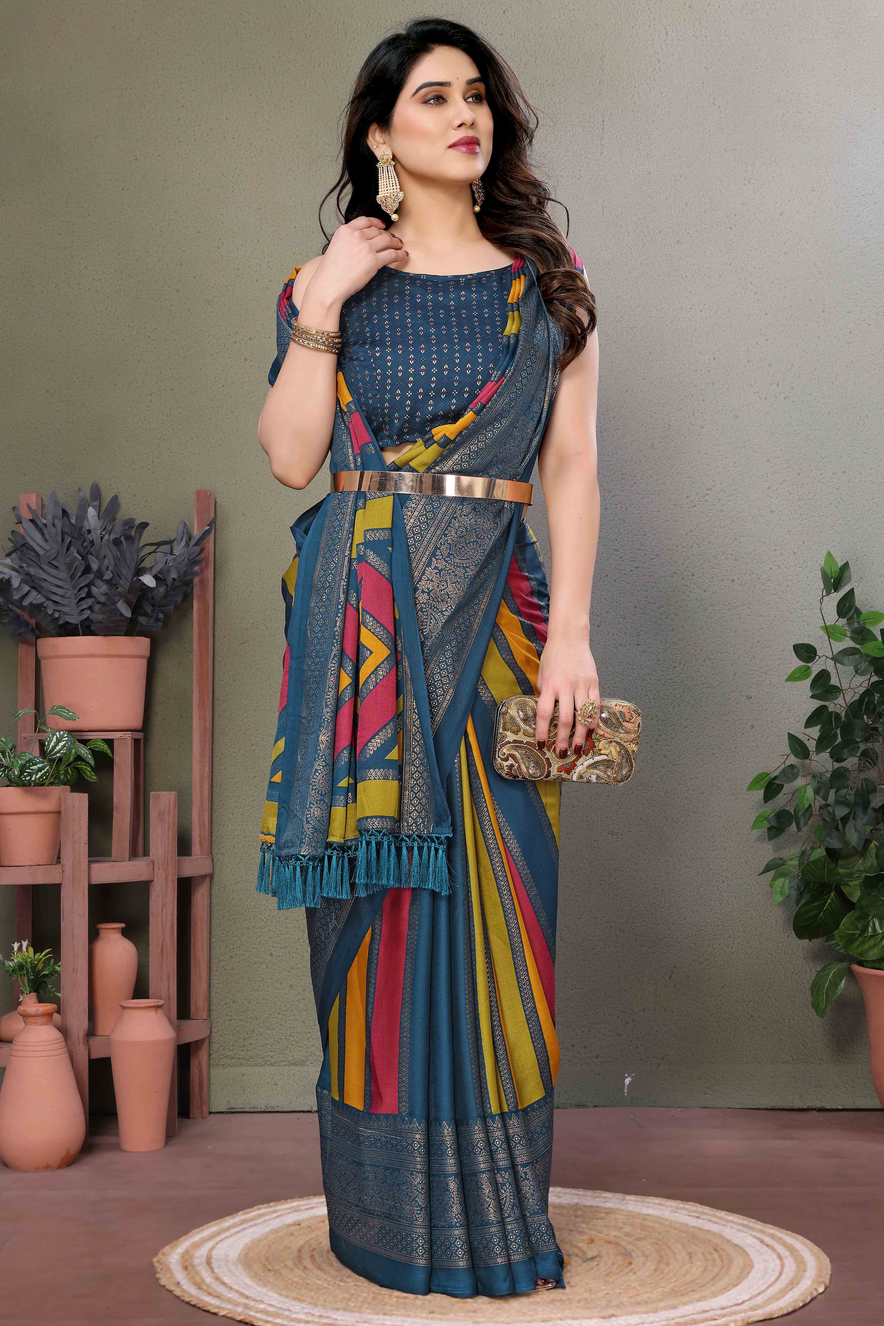 Morpich Striped Foil Printed Moss Satin Saree Saree With Tassels