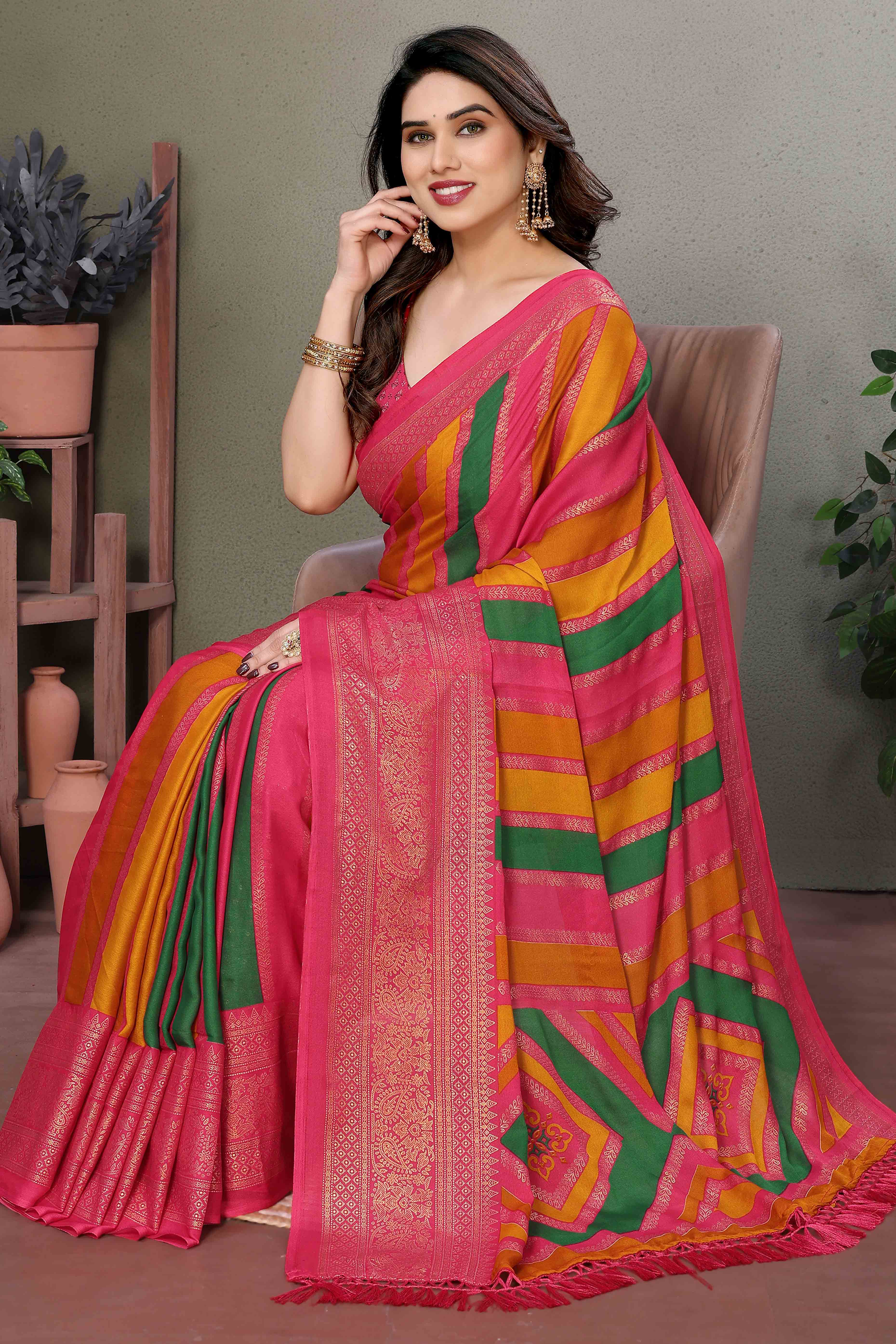 Pink Striped Foil Printed Moss Satin Saree Saree With Tassels