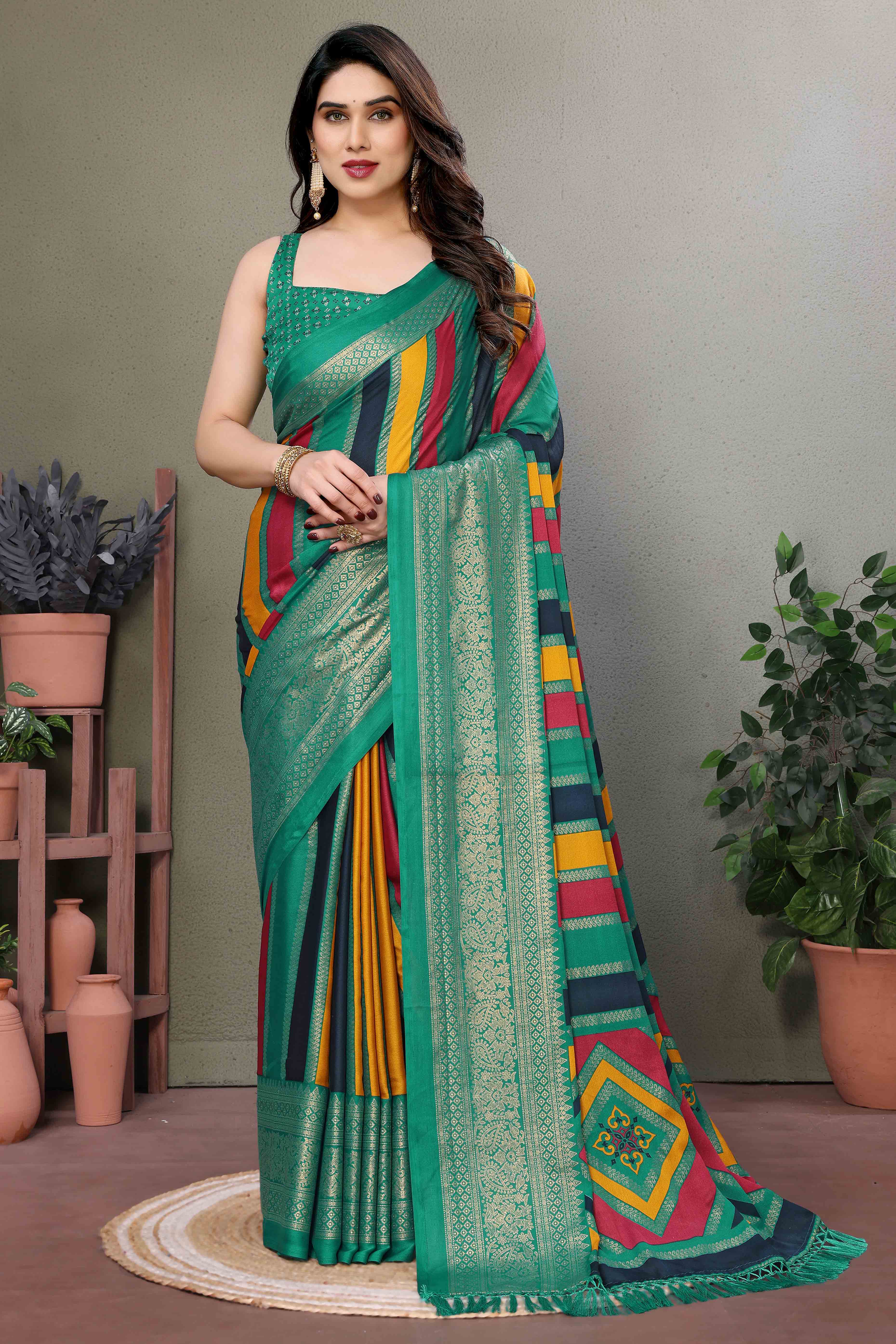 Rama Green Striped Foil Printed Moss Satin Saree Saree With Tassels