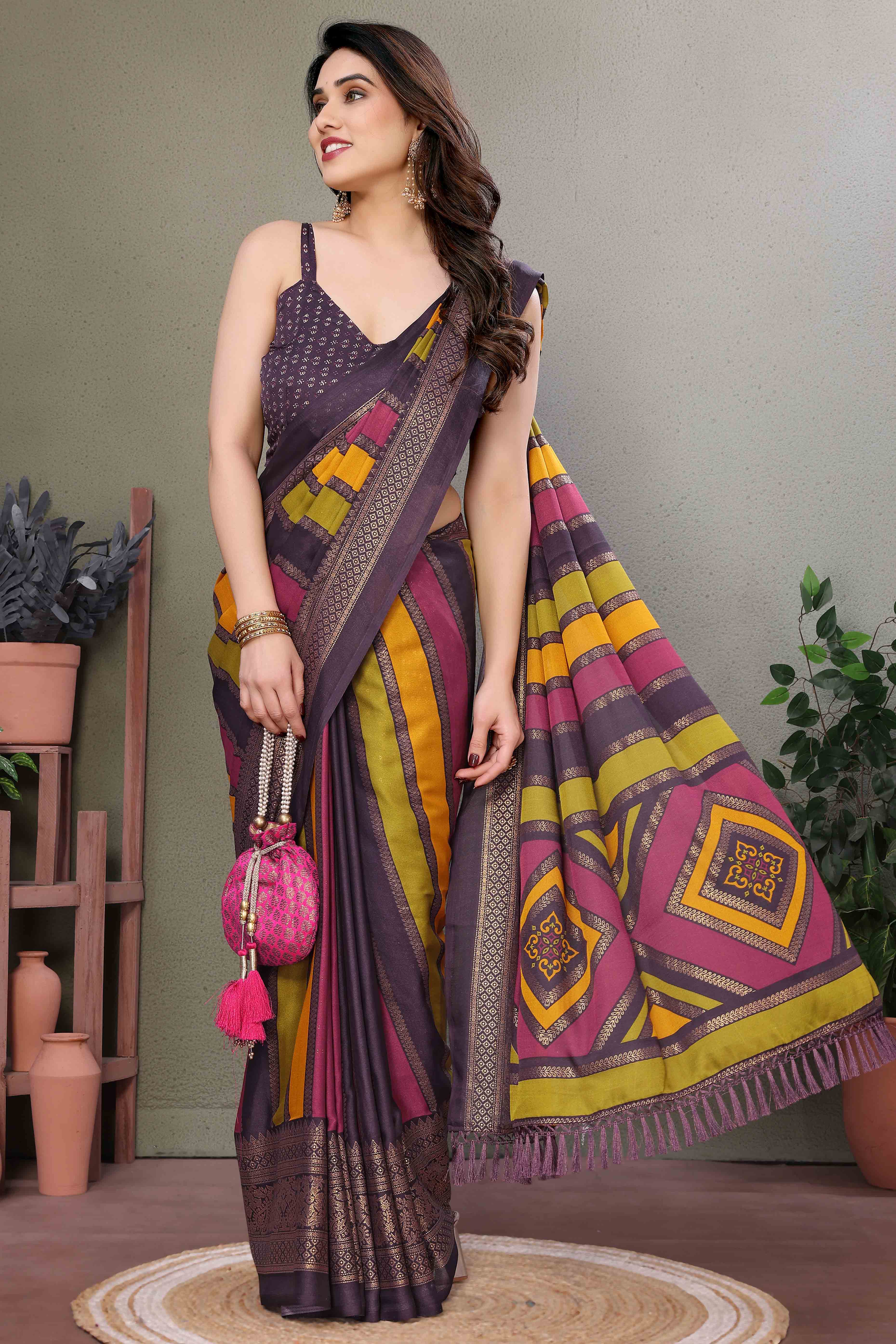 Wine Striped Foil Printed Moss Satin Saree Saree With Tassels