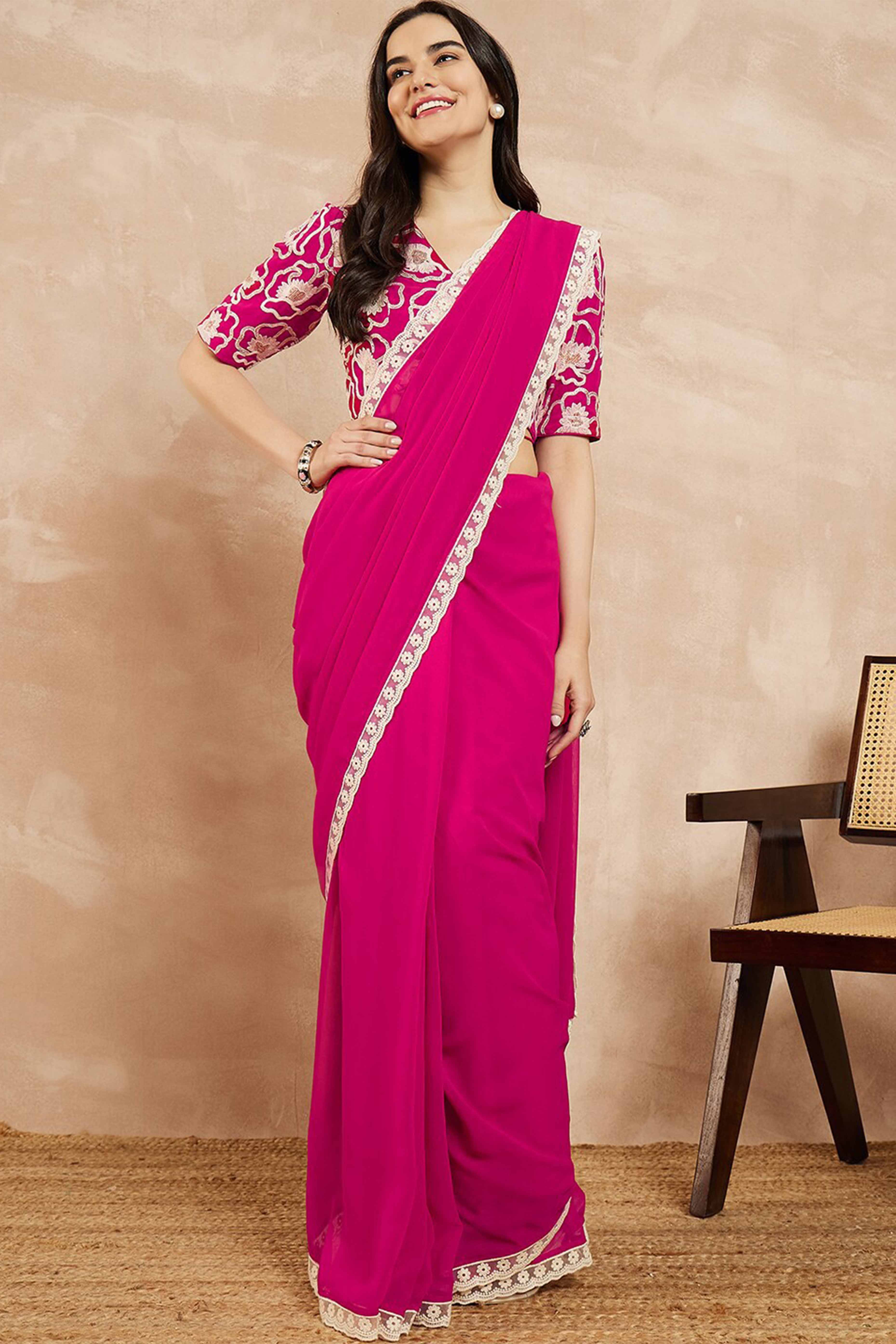 Pink Solid Georgette Saree With Embroidered Border