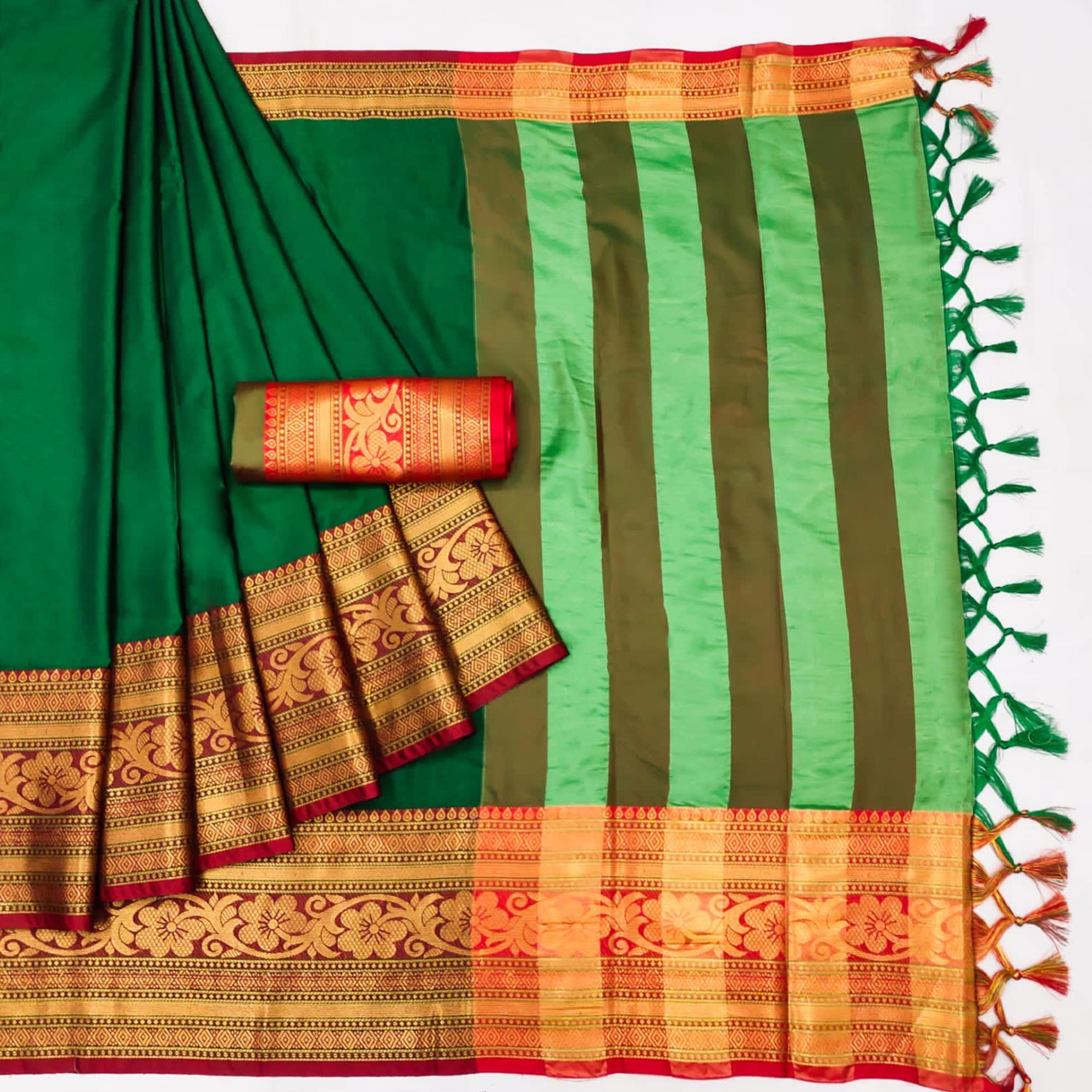 Bottle Green Floral Woven Cotton Silk Saree With Tassels