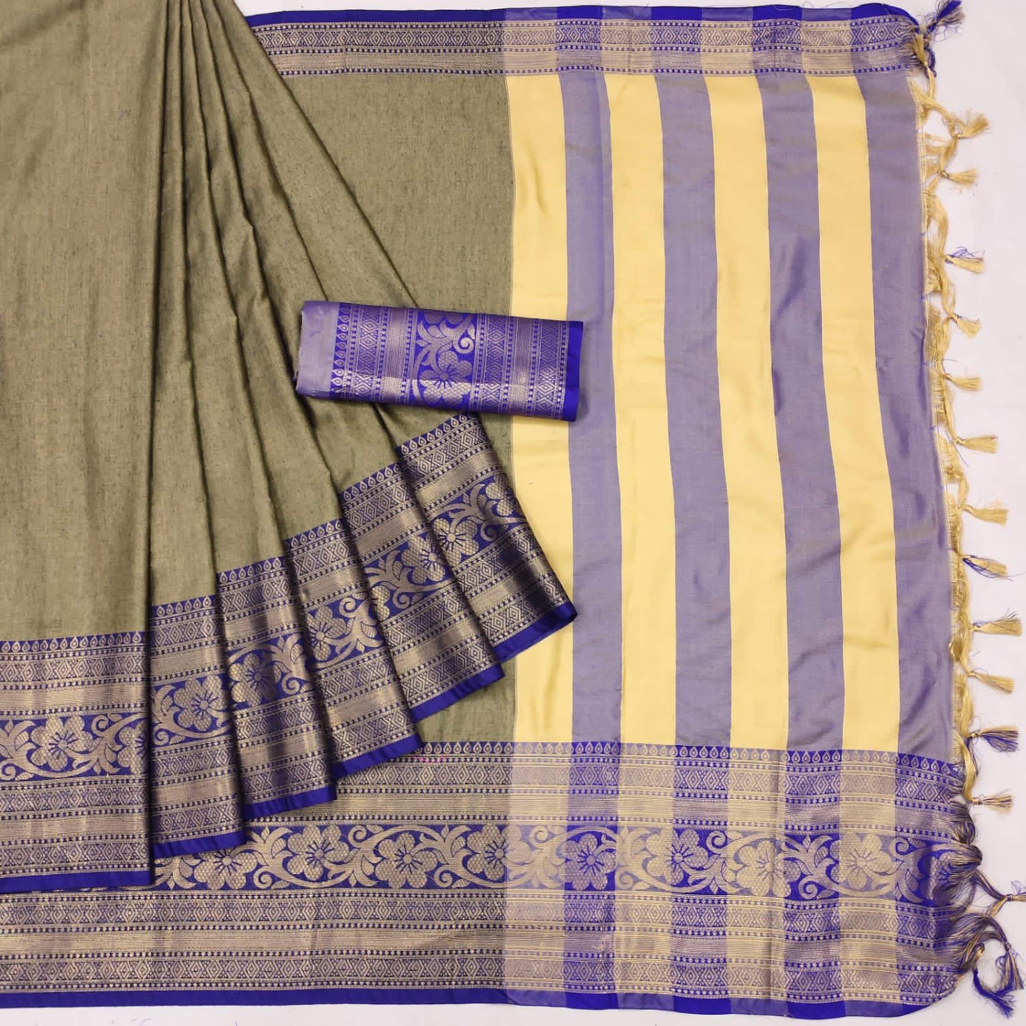 Chikoo Floral Woven Cotton Silk Saree With Tassels