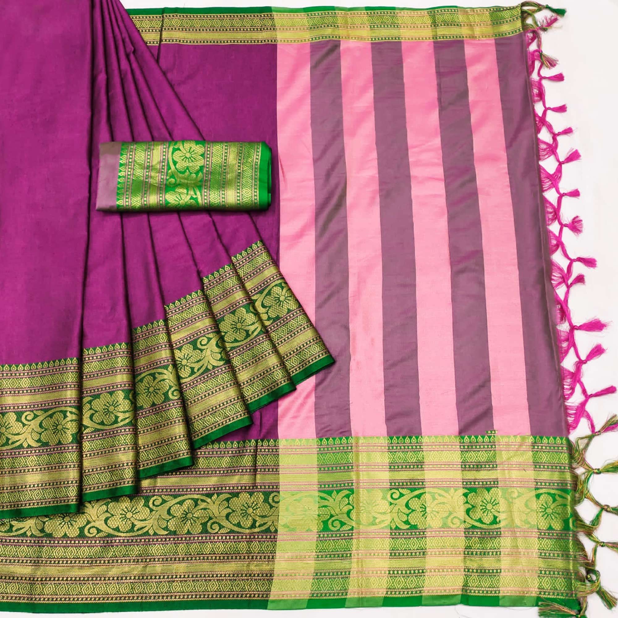 Magenta Floral Woven Cotton Silk Saree With Tassels