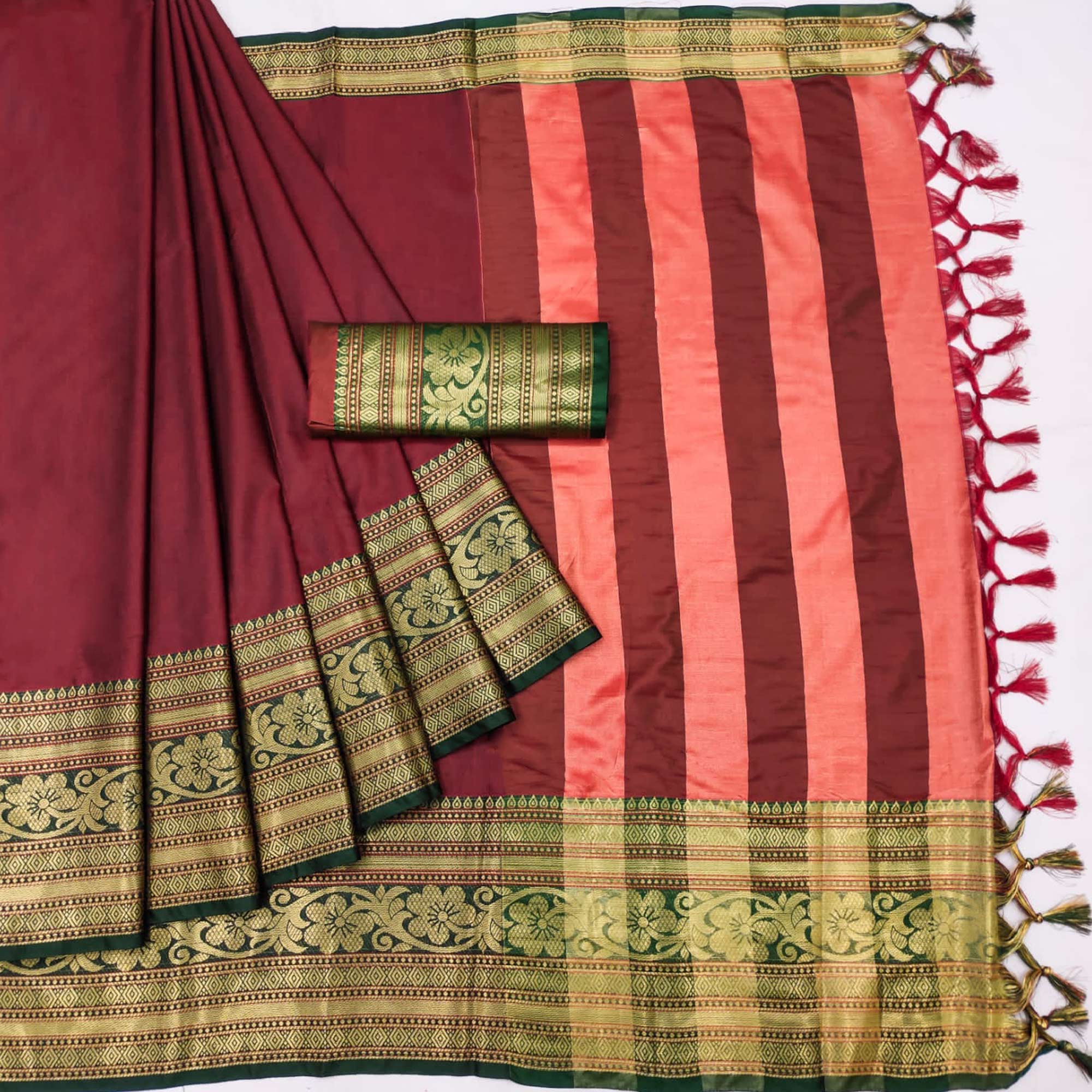 Maroon Floral Woven Cotton Silk Saree With Tassels