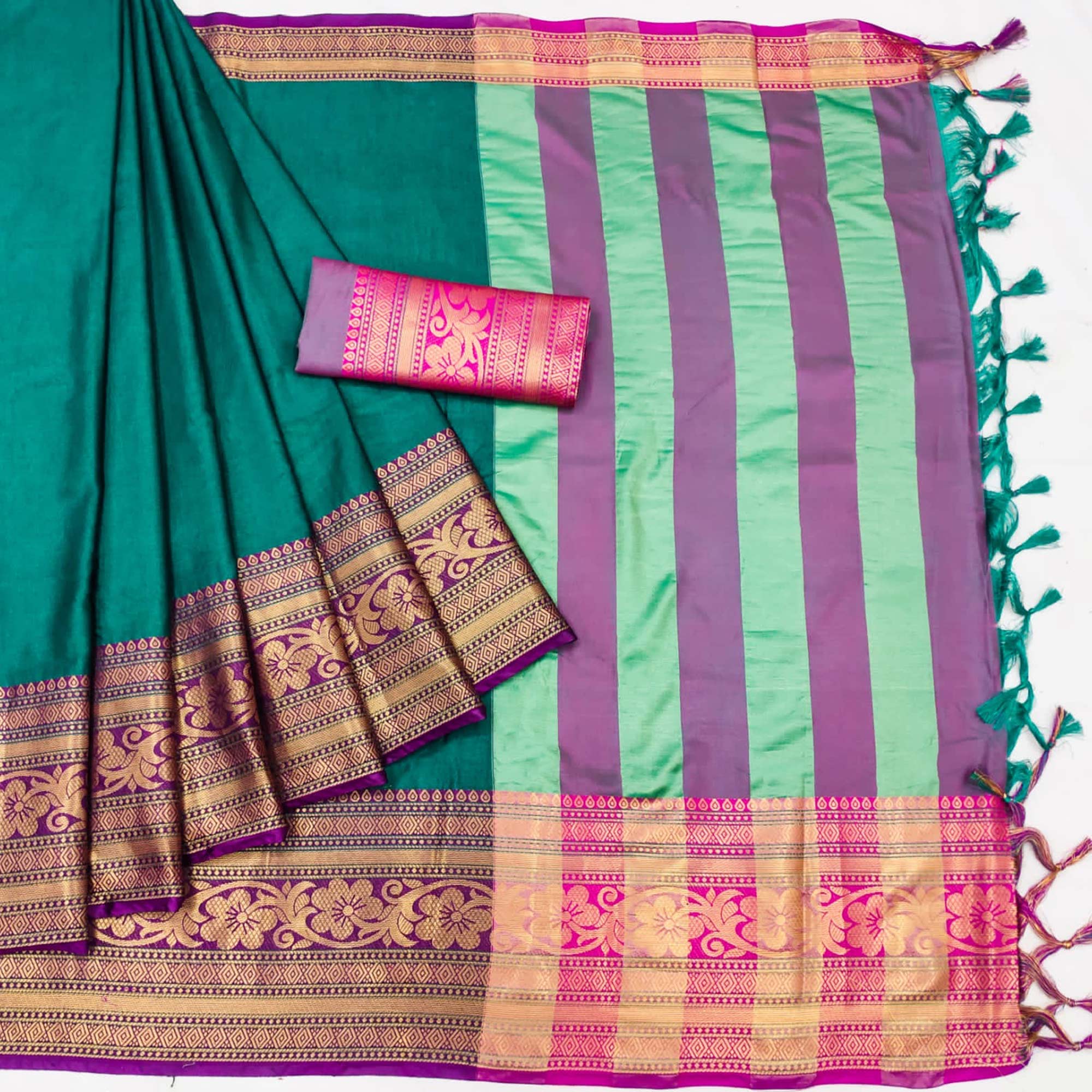 Rama Blue Floral Woven Cotton Silk Saree With Tassels