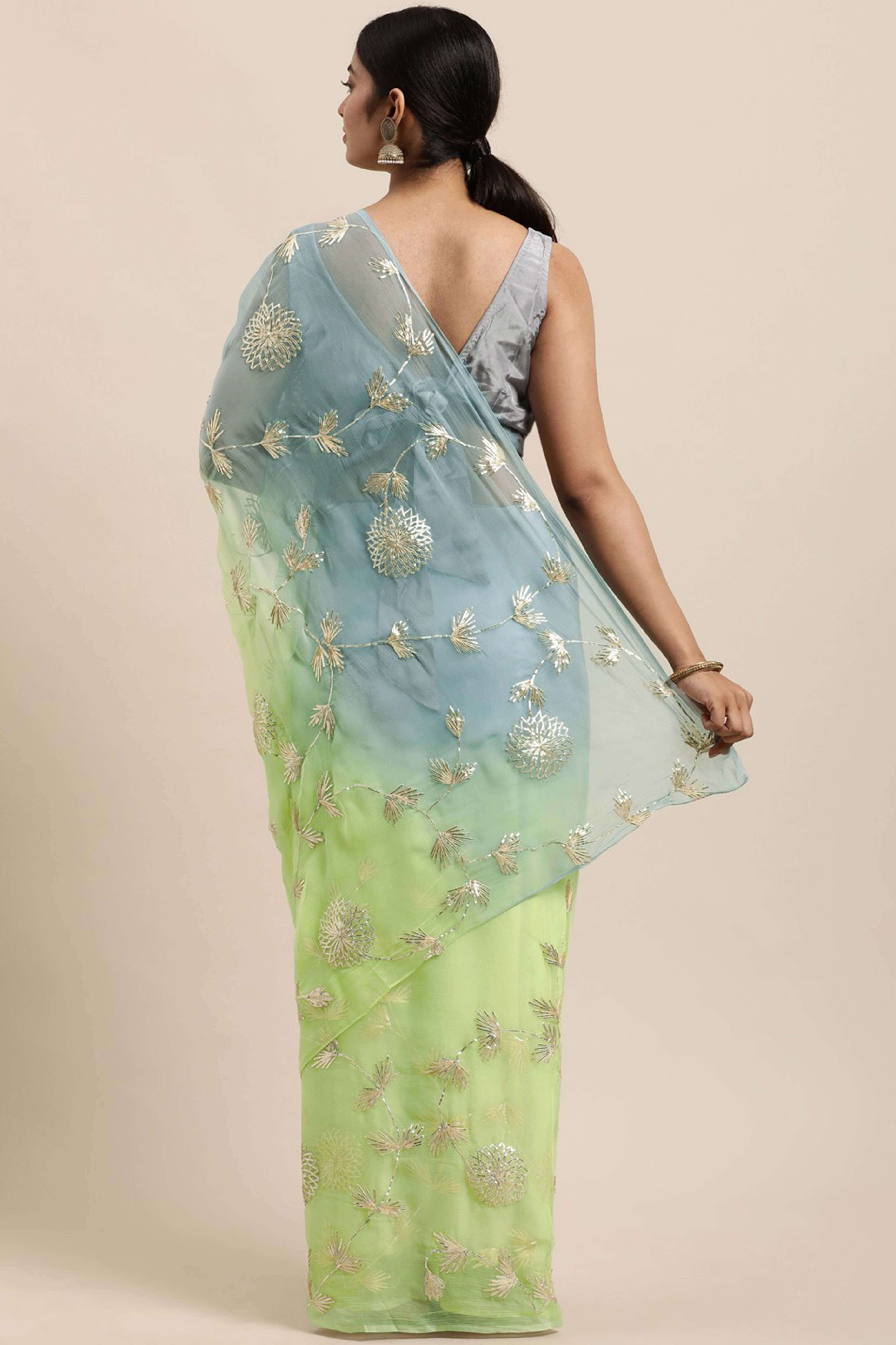 Green & Grey Floral Gota Patti Work Organza Silk Half & Half Saree