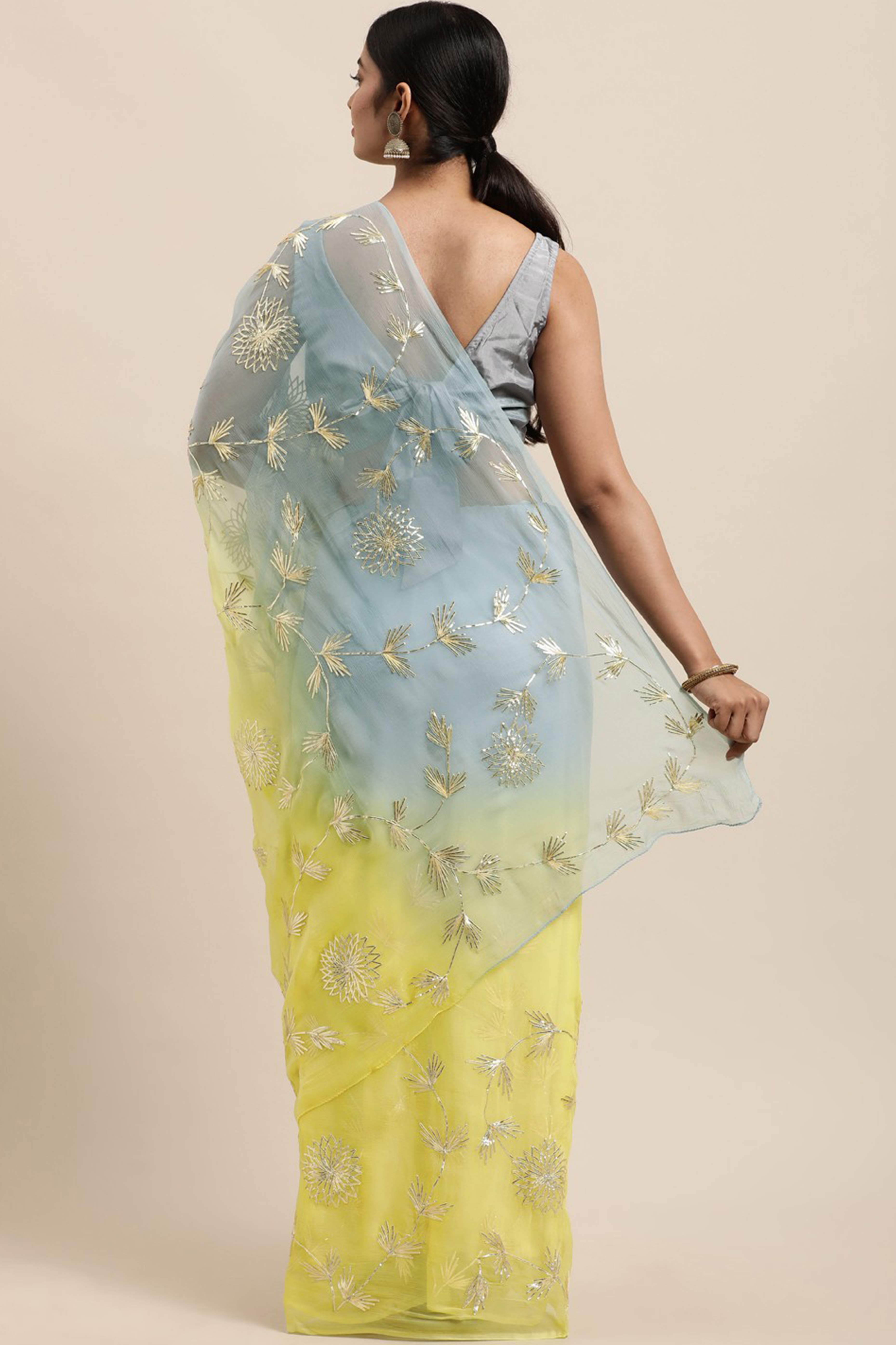 Lemon Yellow & Grey Floral Gota Patti Work Organza Silk Half & Half Saree