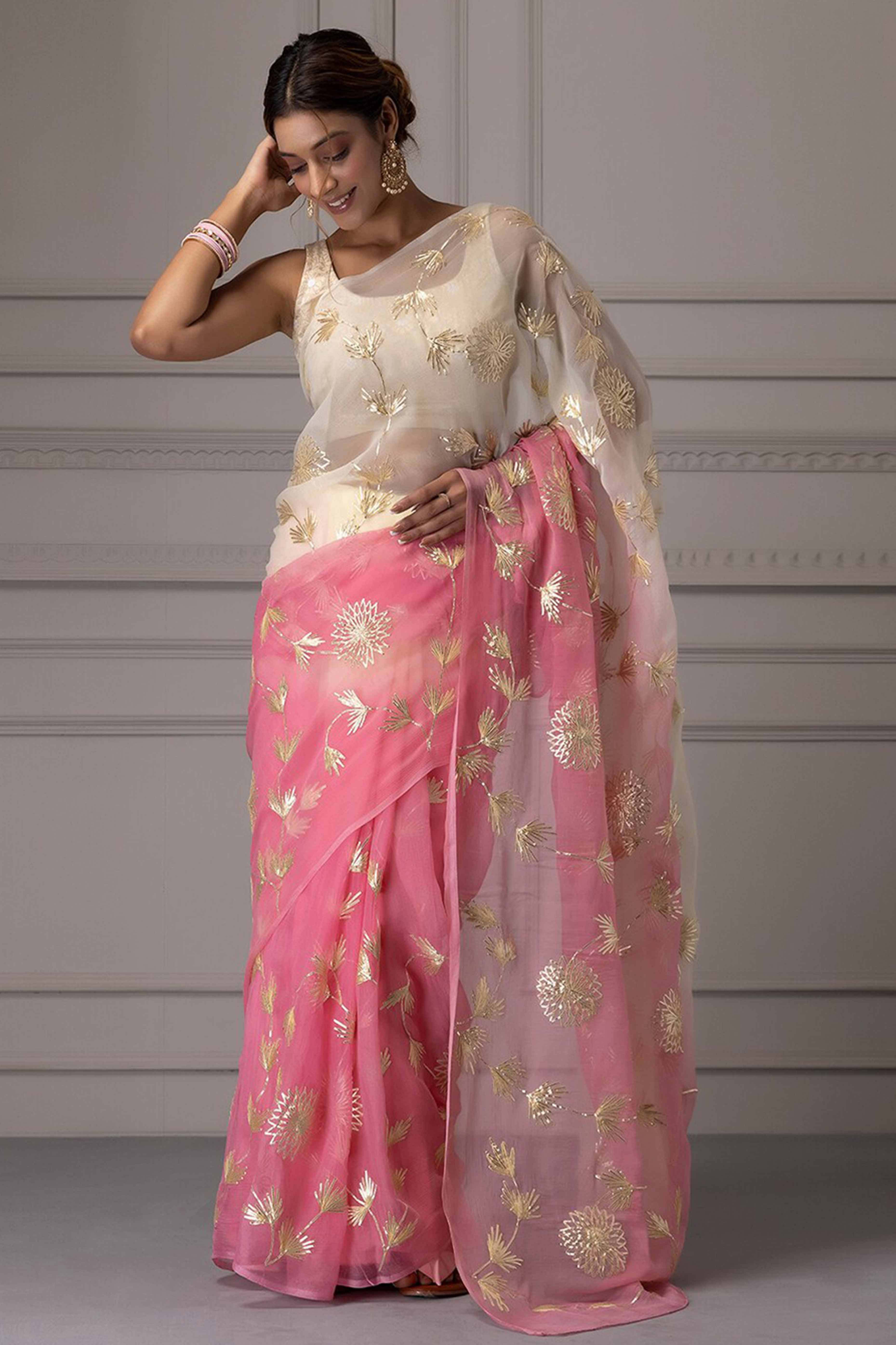 Pink & Cream Floral Gota Patti Work Organza Silk Half & Half Saree