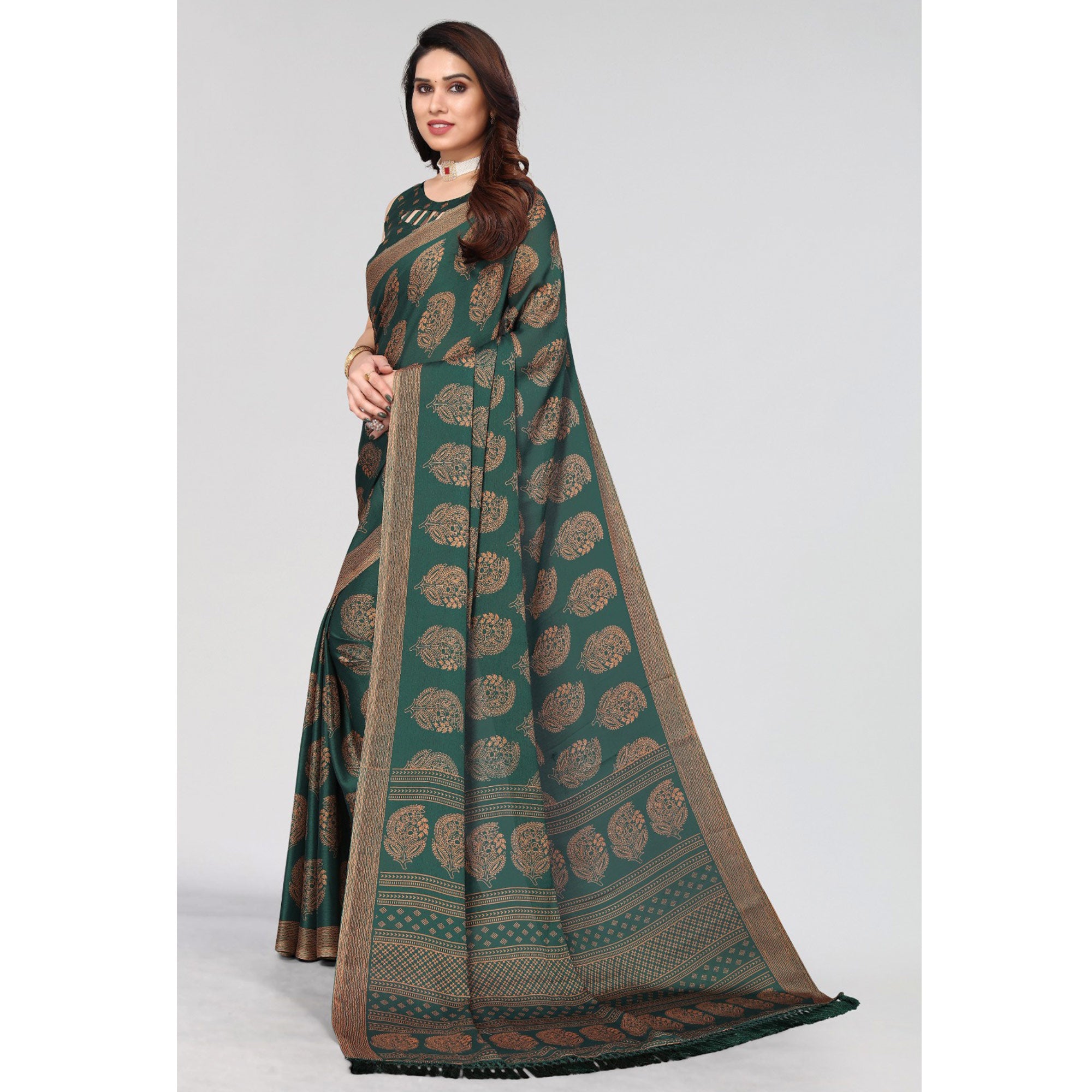 Bottle Green Floral Printed Satin Silk Saree