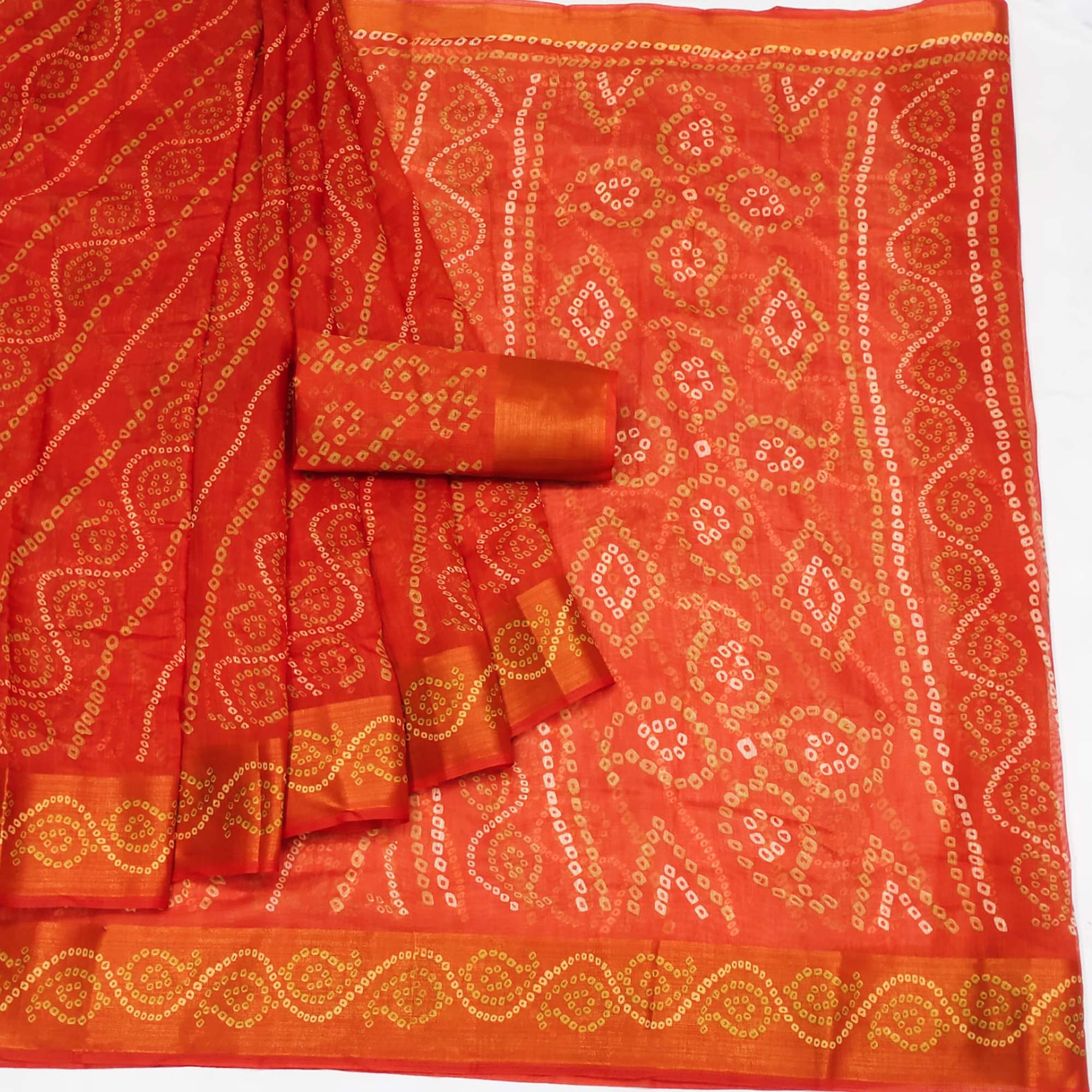 Orange Bandhani Printed Cotton Blend Saree