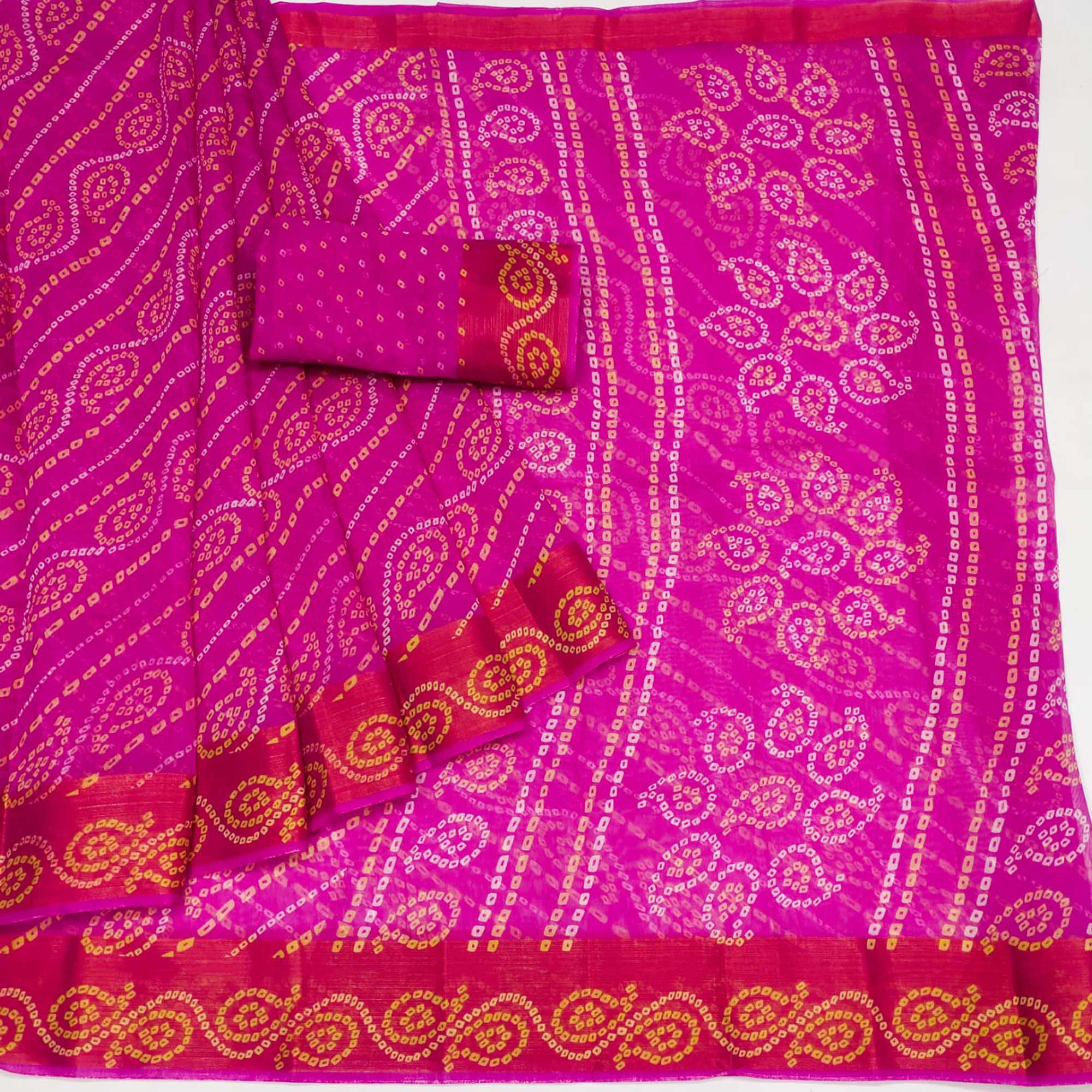 Pink Bandhani Printed Cotton Blend Saree