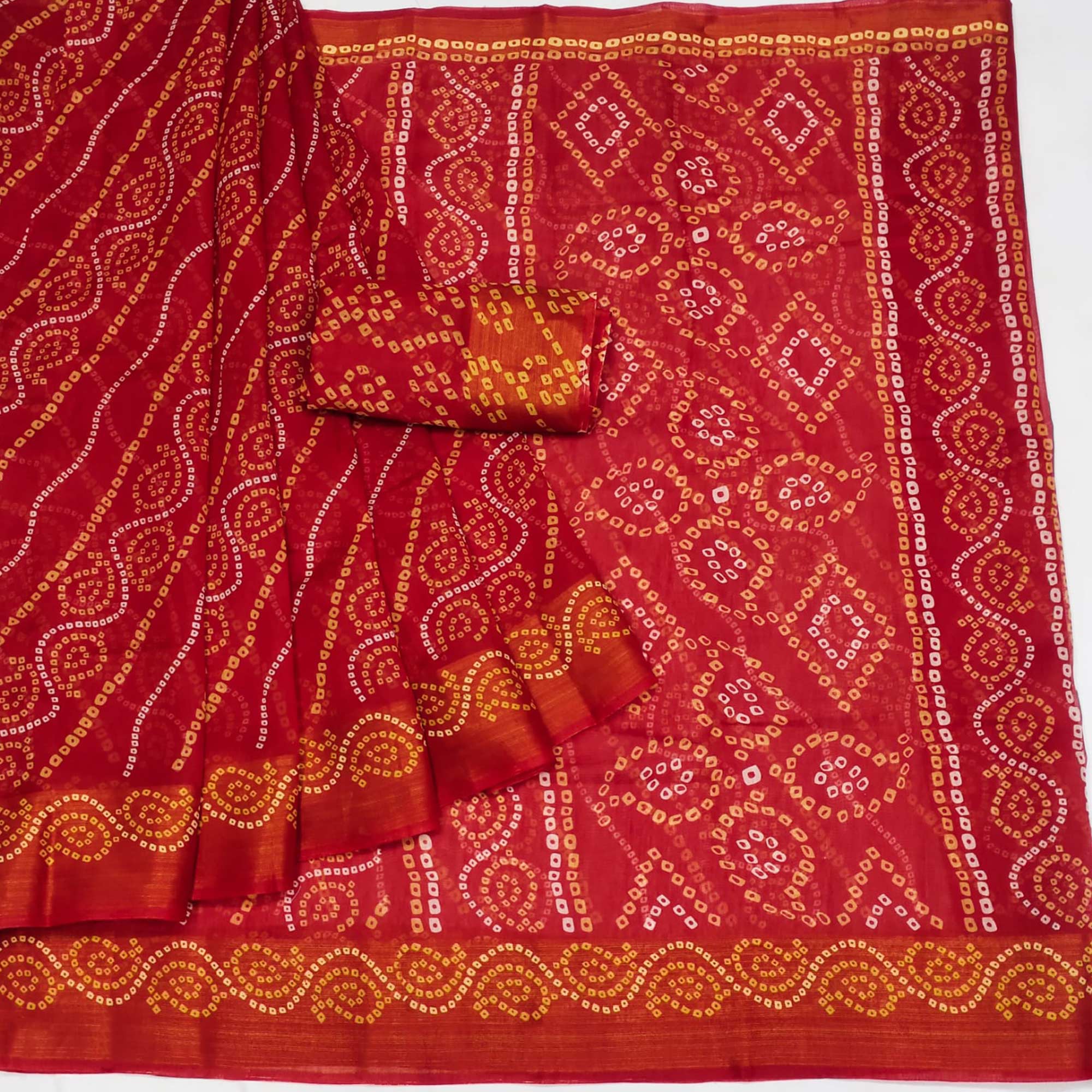 Red Bandhani Printed Cotton Blend Saree