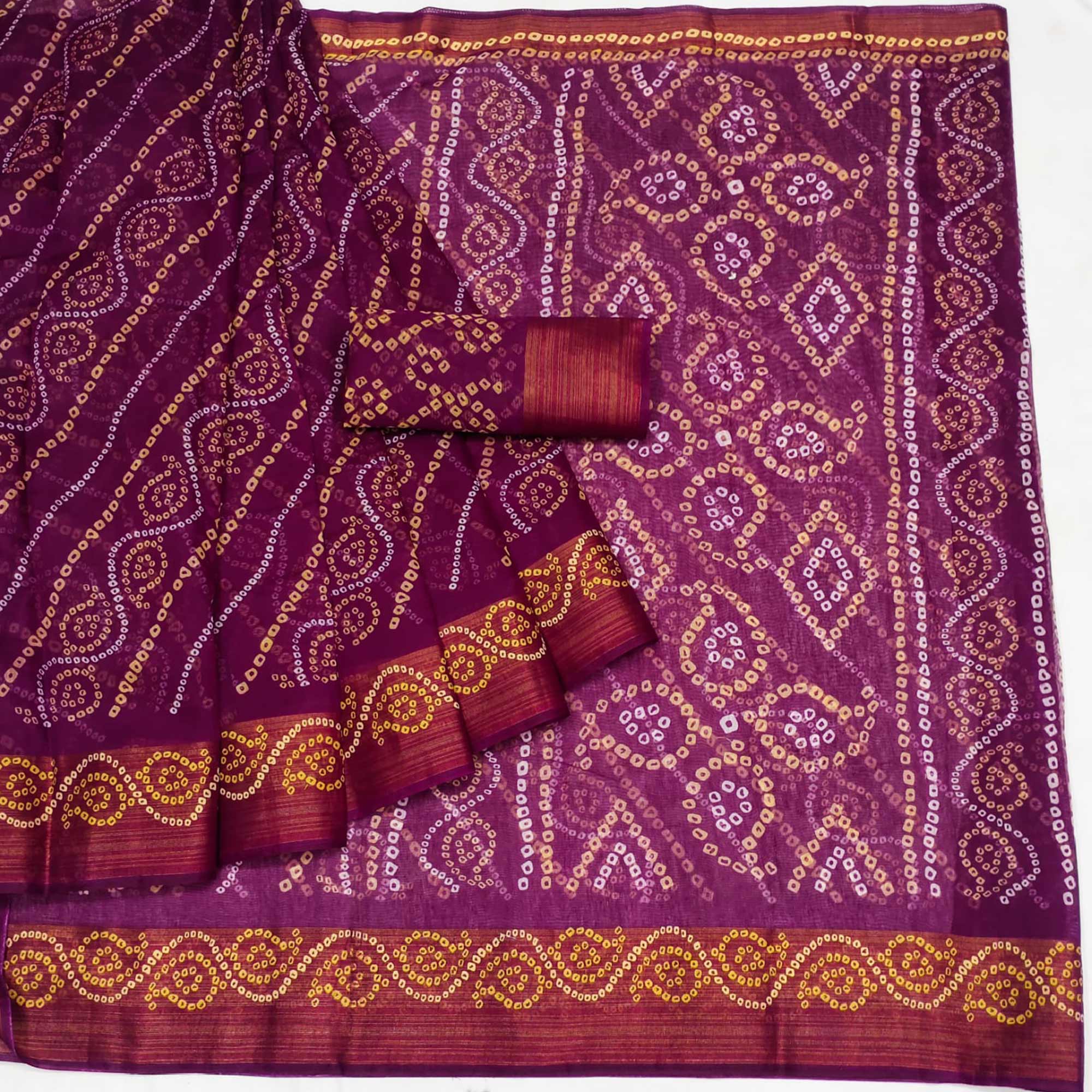 Wine Bandhani Printed Cotton Blend Saree