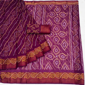 Wine Bandhani Printed Cotton Blend Saree
