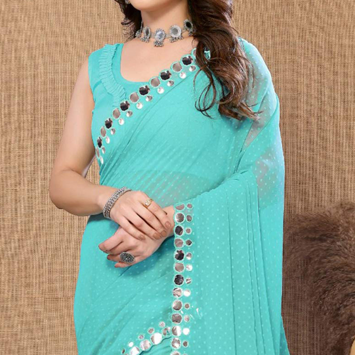 Turquoise Embroidered Butti Work Georgette Saree