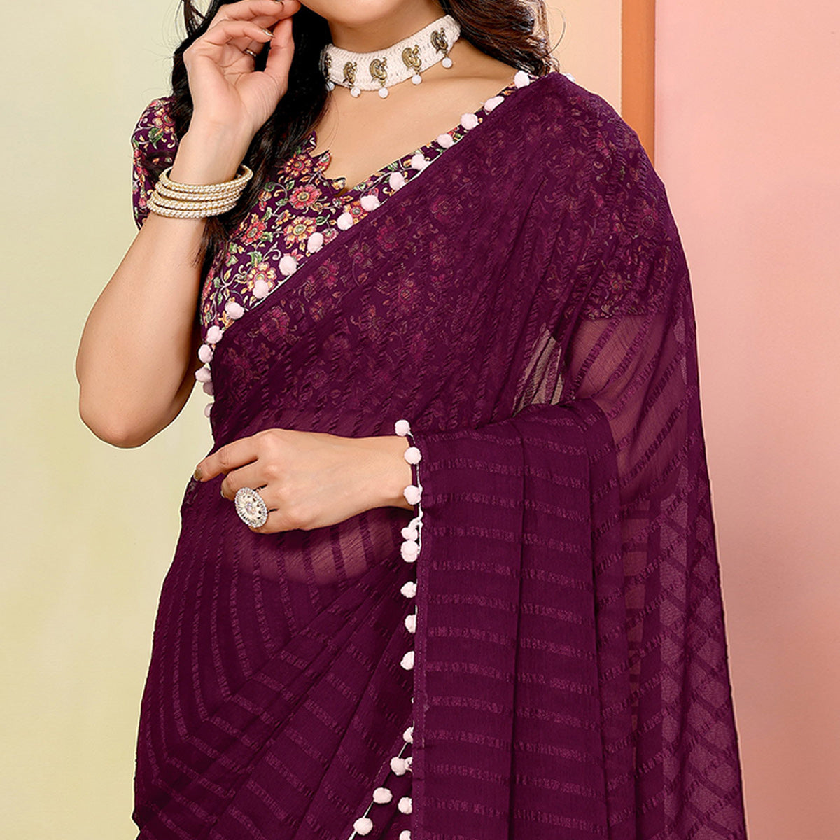 Purple Woven Striped Pattern Georgette Saree