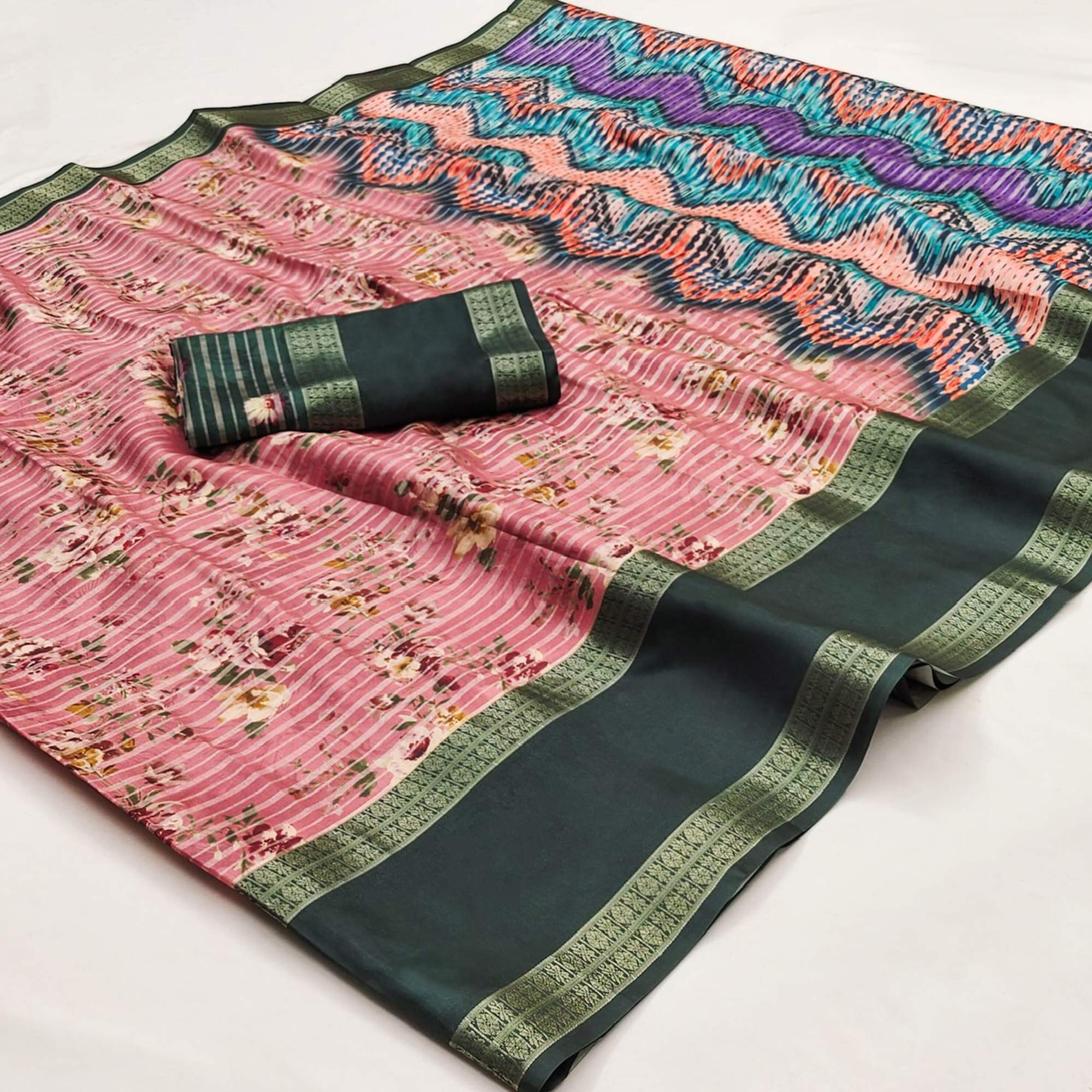 Baby Pink Floral Digital Printed Cotton Silk Saree