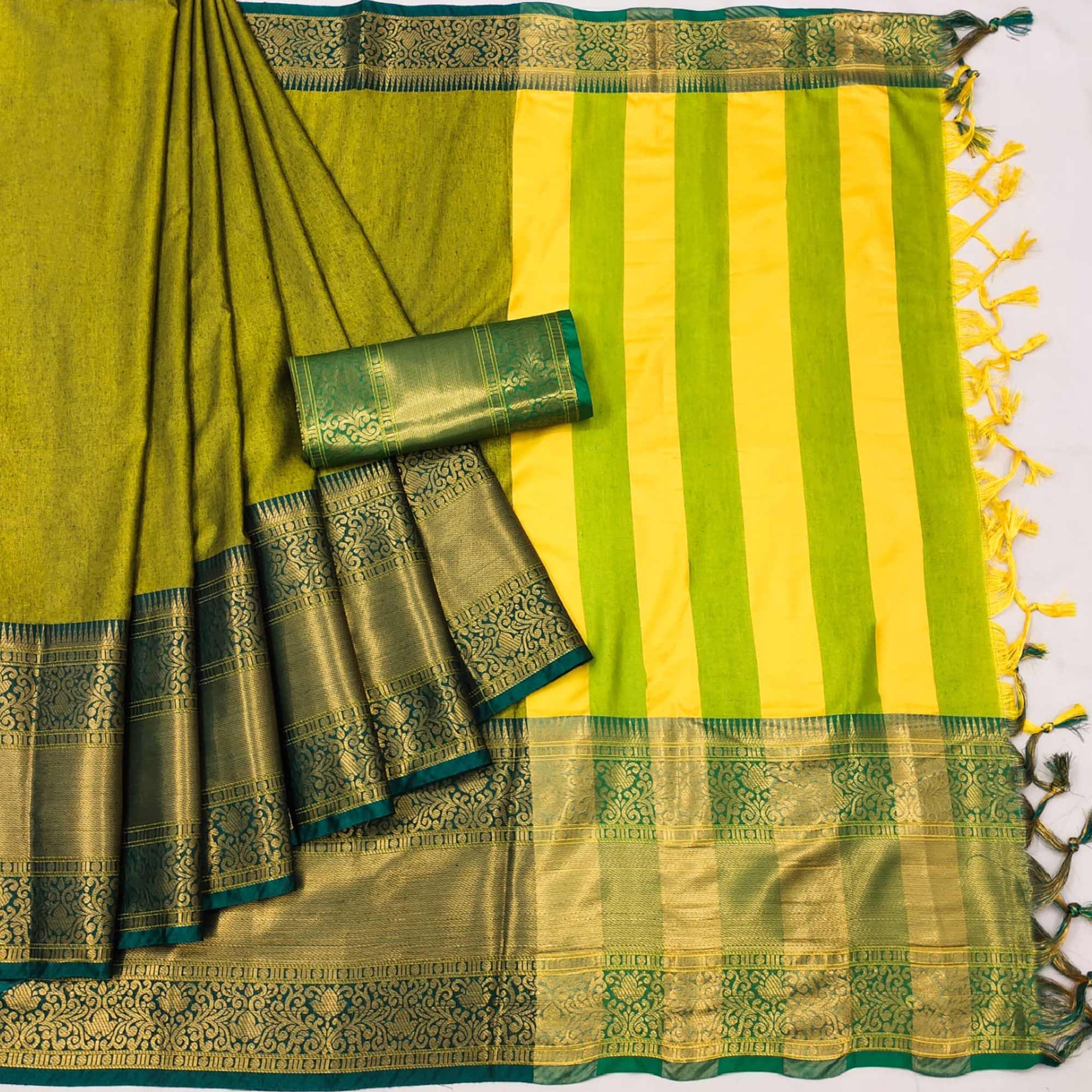 Lemon Green Woven Cotton Silk Saree With Tassels