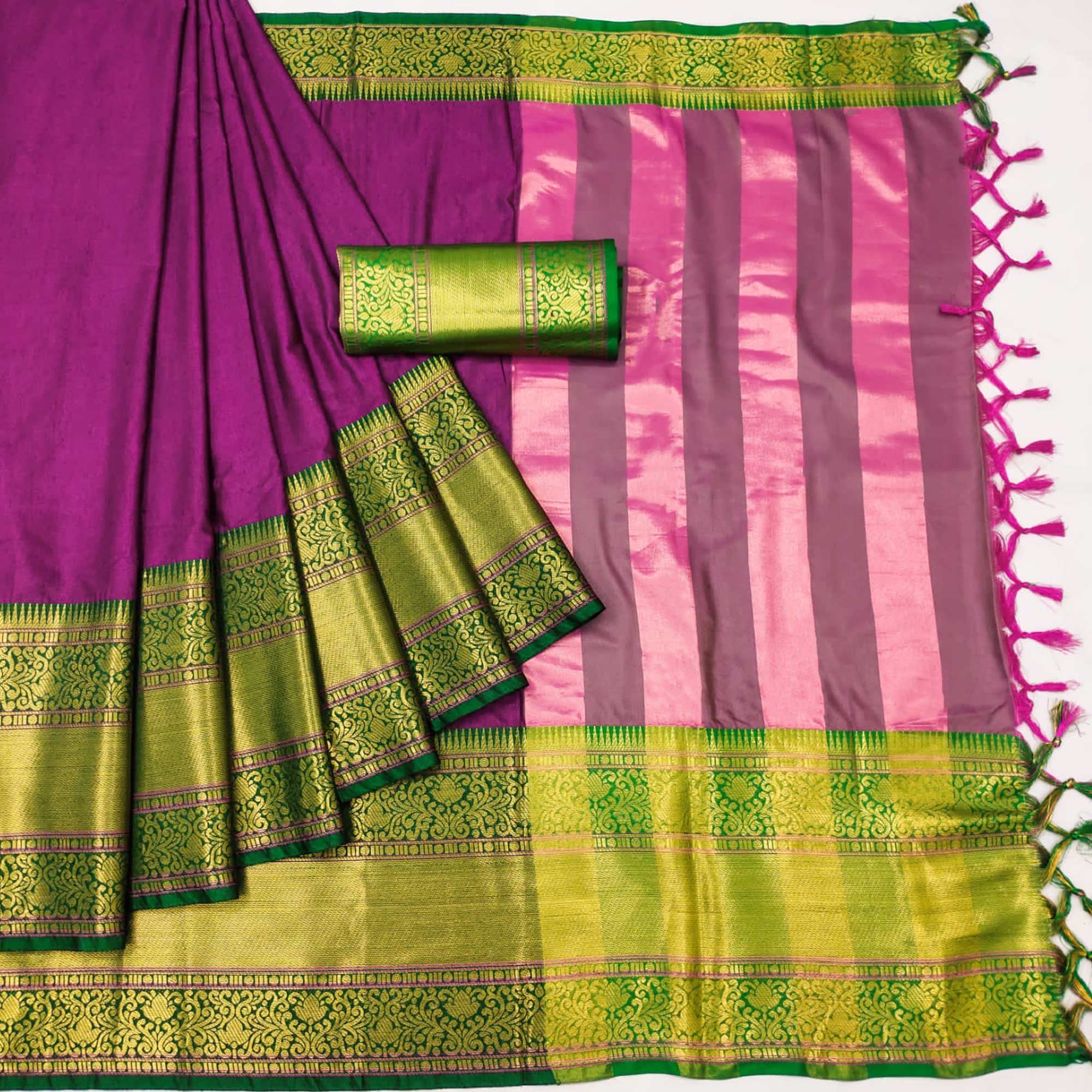 Magenta Woven Cotton Silk Saree With Tassels