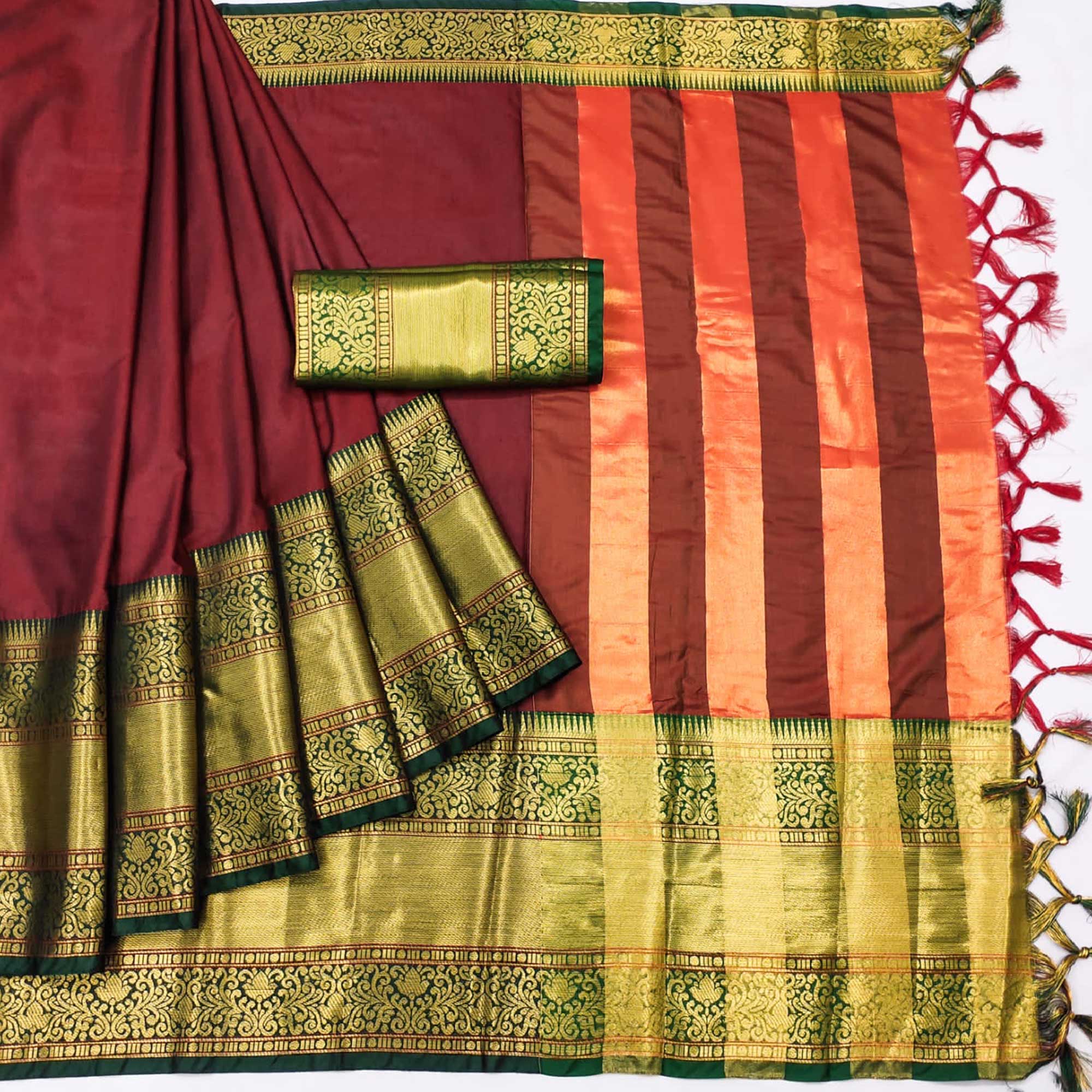 Maroon Woven Cotton Silk Saree With Tassels