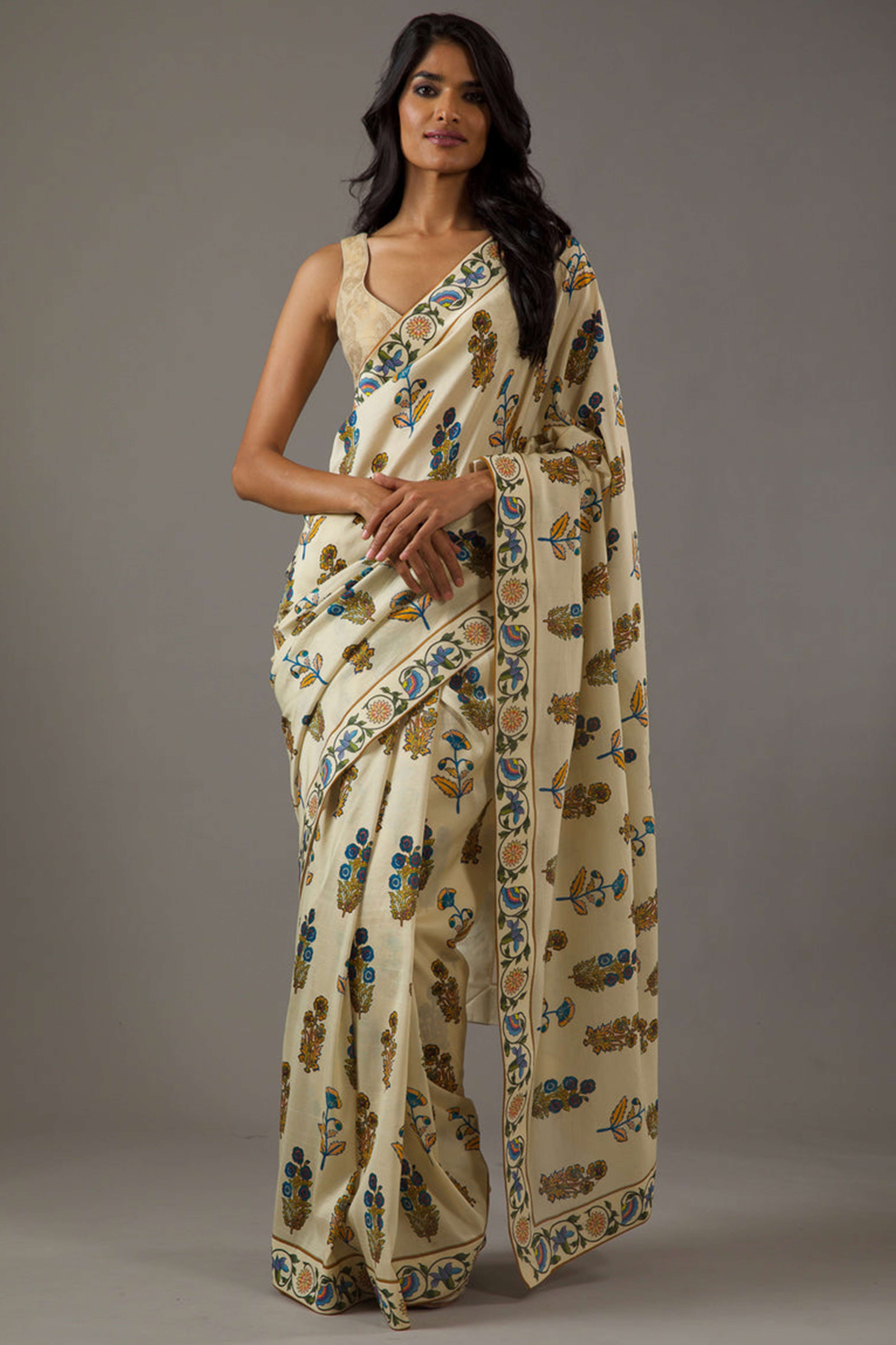 Beige Floral Digital Printed Moss Satin Saree