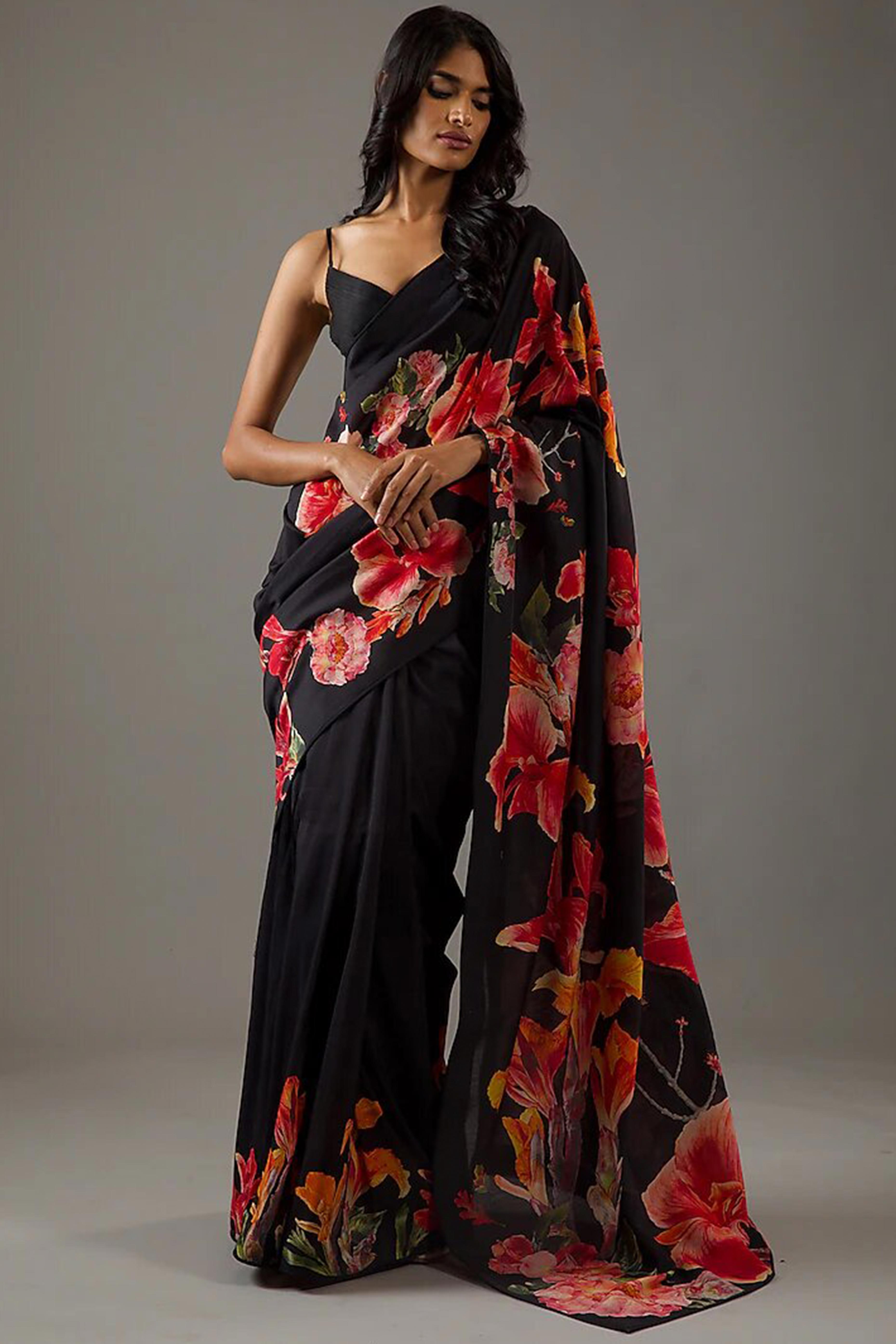 Black Floral Digital Printed Moss Satin Saree