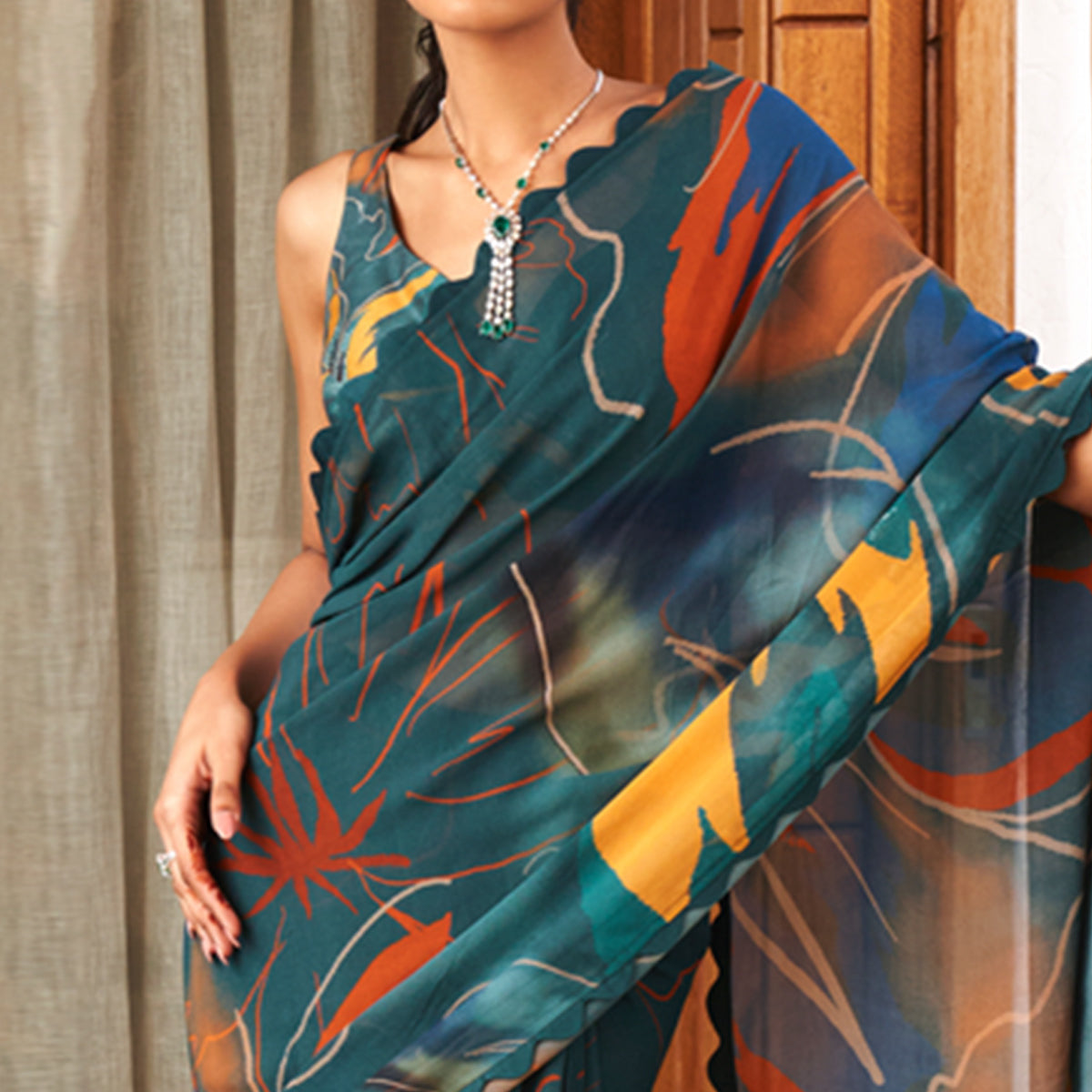 Teal Printed Moss Satin Saree