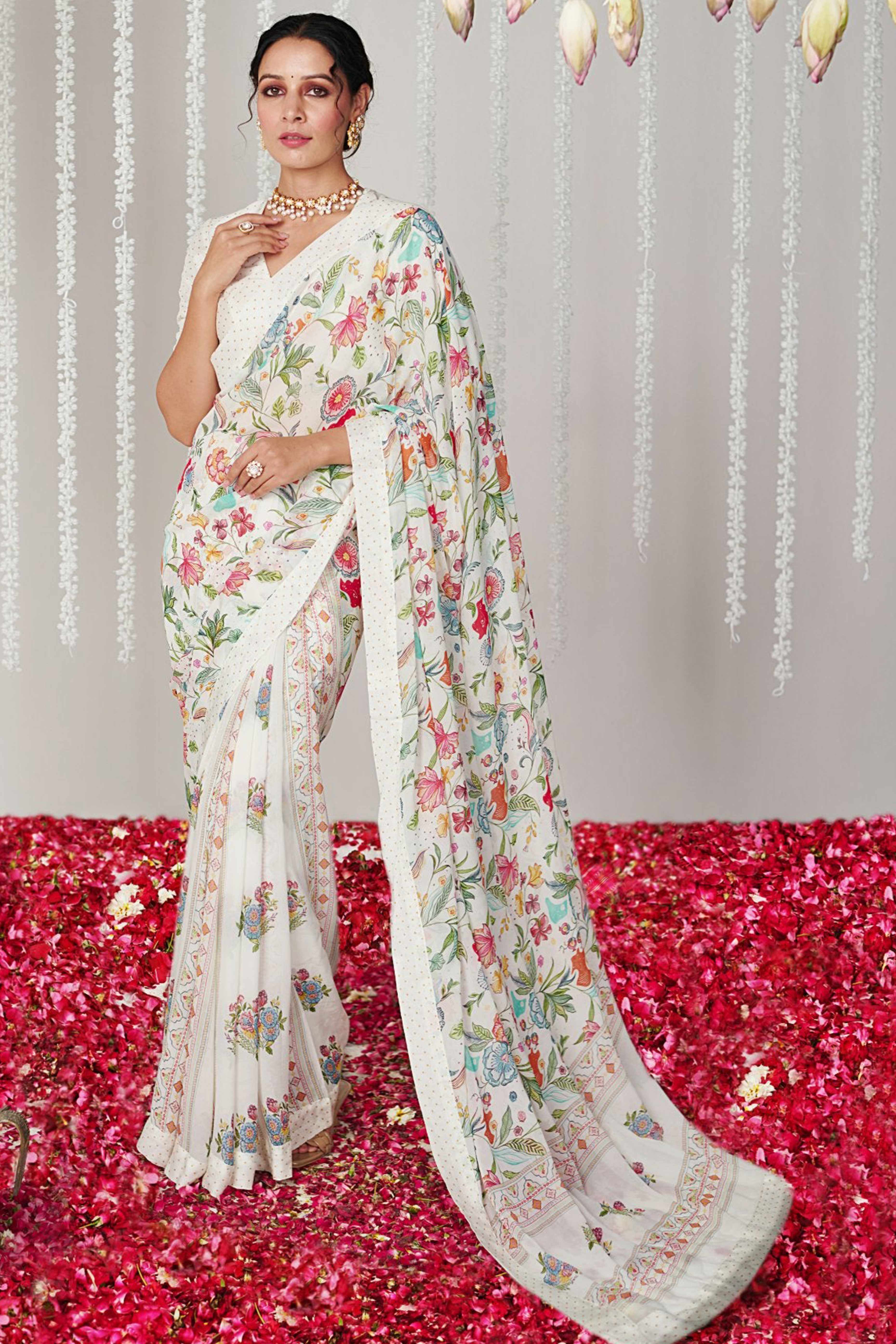 White Floral Digital Printed Moss Satin Saree