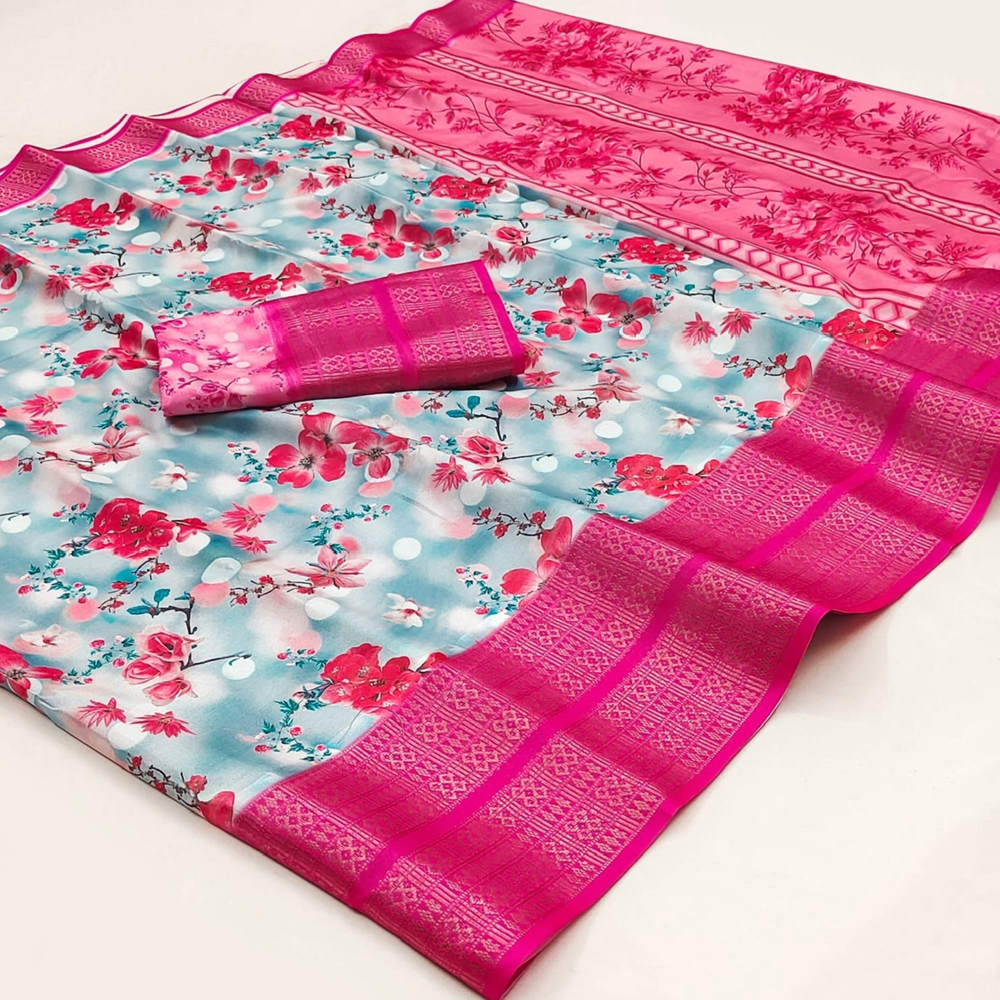 Blue Floral Digital Printed Cotton Silk Saree