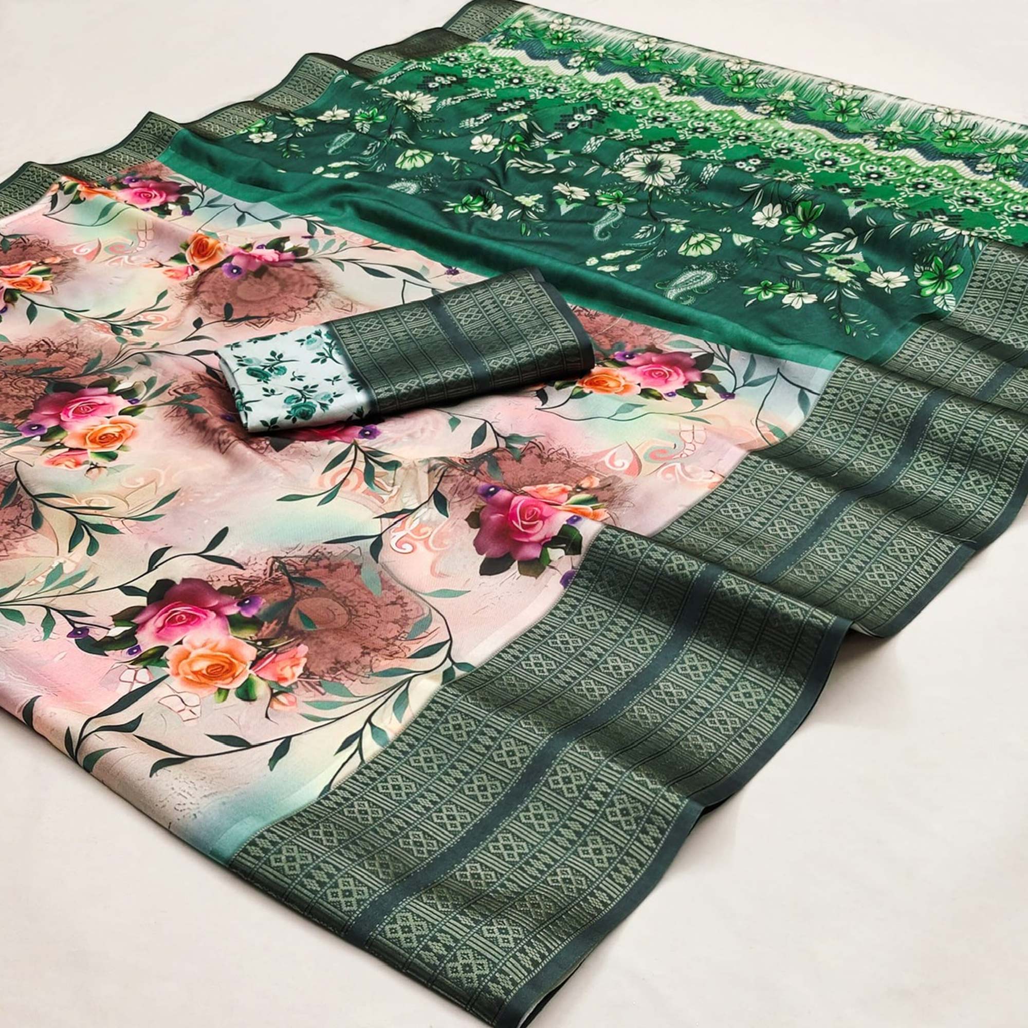 Dark Green Floral Digital Printed Cotton Silk Saree