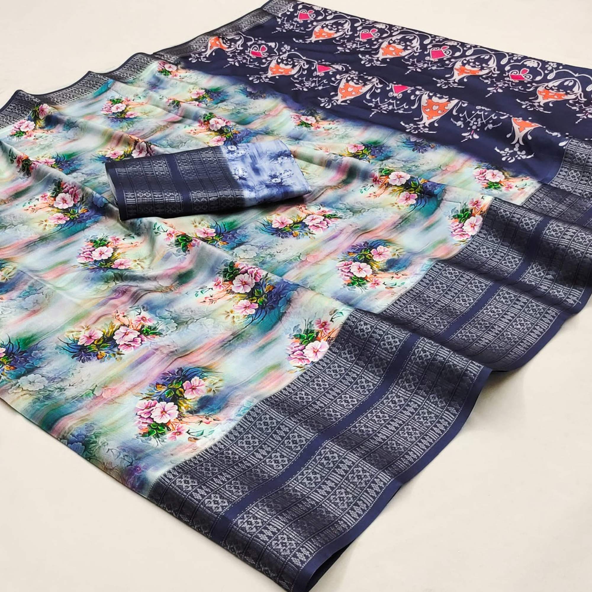 Navy Blue Floral Digital Printed Cotton Silk Saree