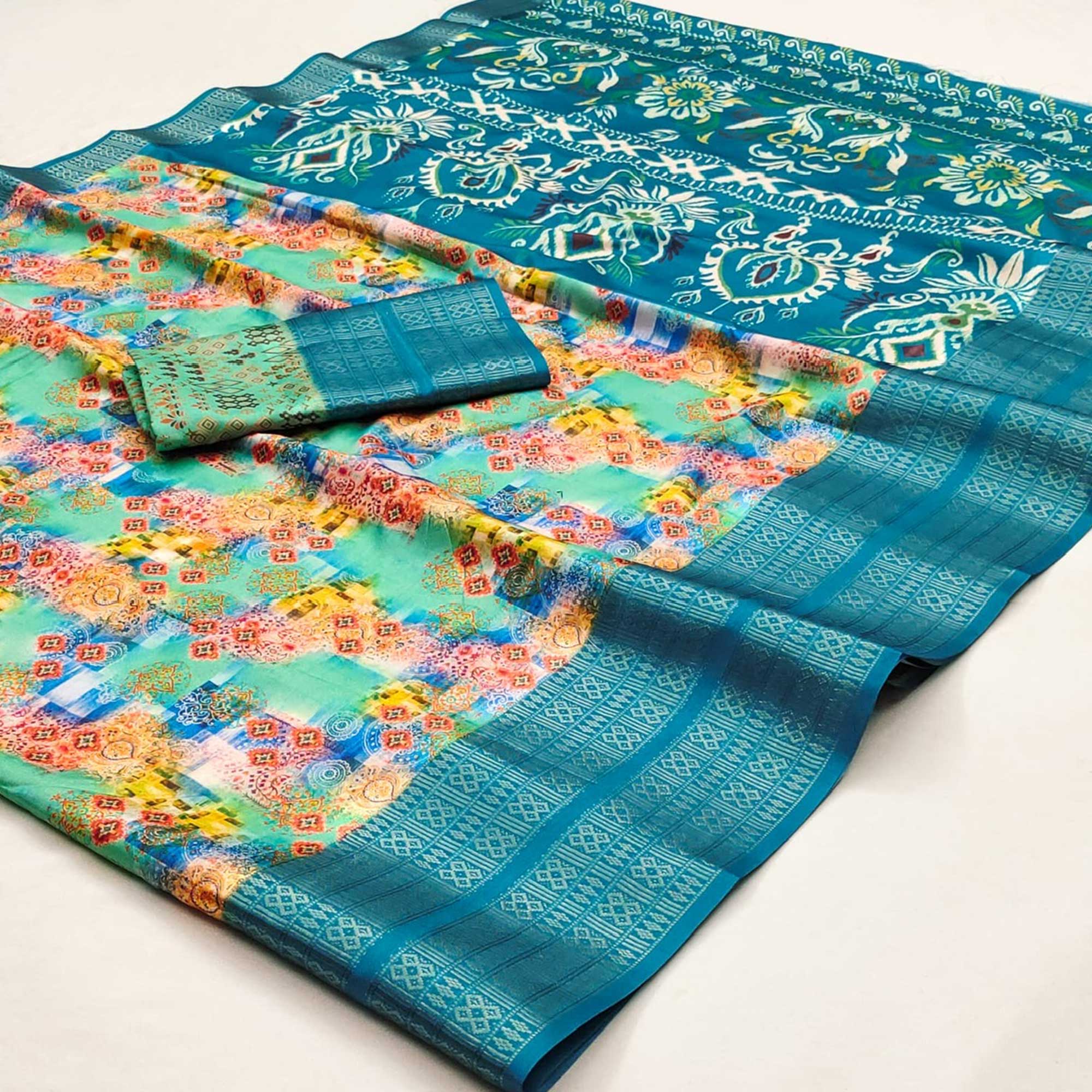 Teal Blue Floral Digital Printed Cotton Silk Saree