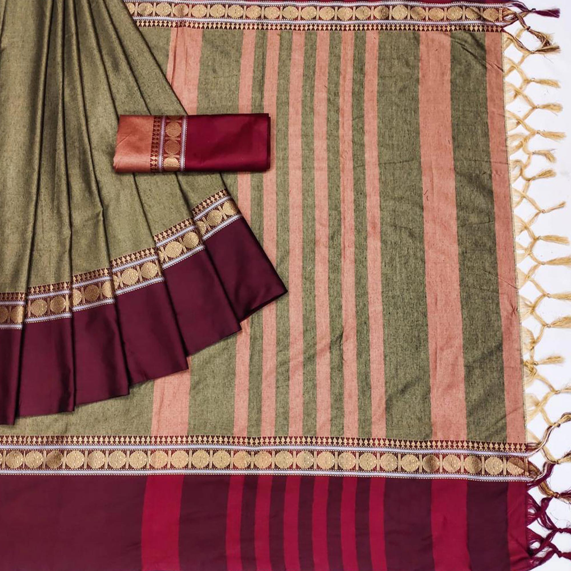 Chikoo Woven Cotton Silk Saree With Tassels